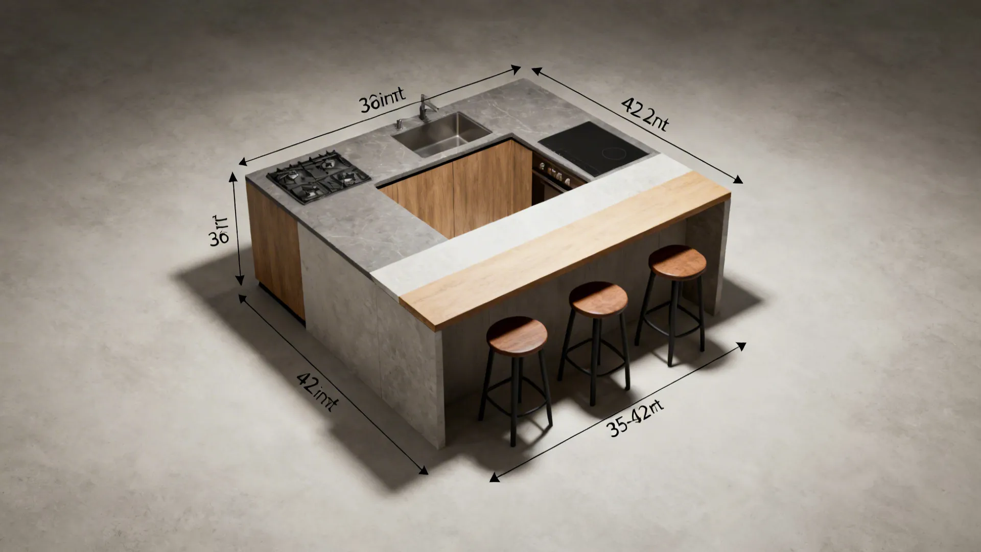 Top-down view illustrating a two-tier island with stools and clear circulation aisles.
