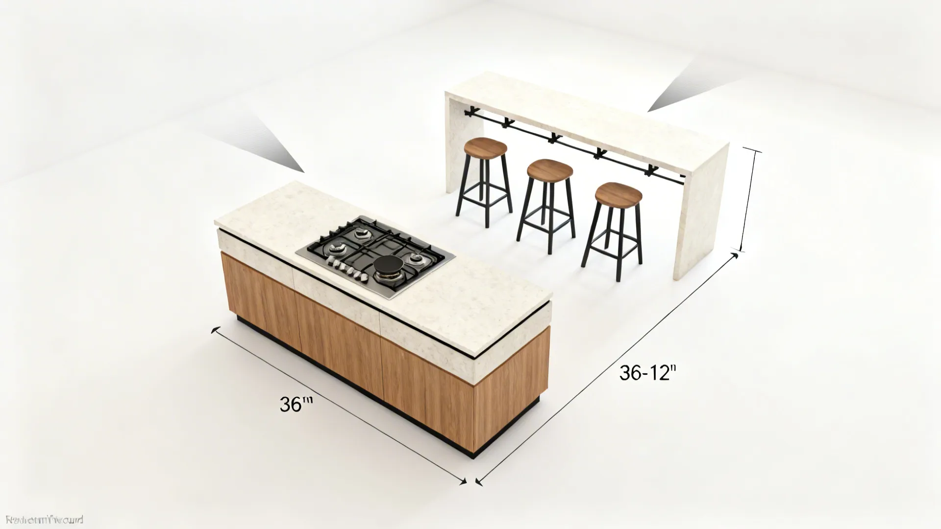 Interior design drawing showing kitchen island with stove bar counter three stools and clear size measurements