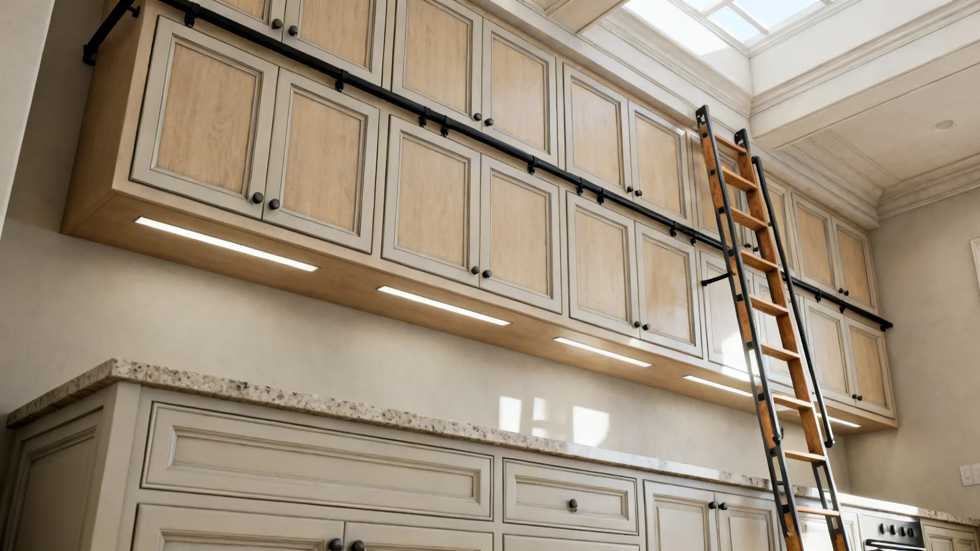 Two-tier upper cabinets with a slim ladder rail in an 11-foot kitchen.
