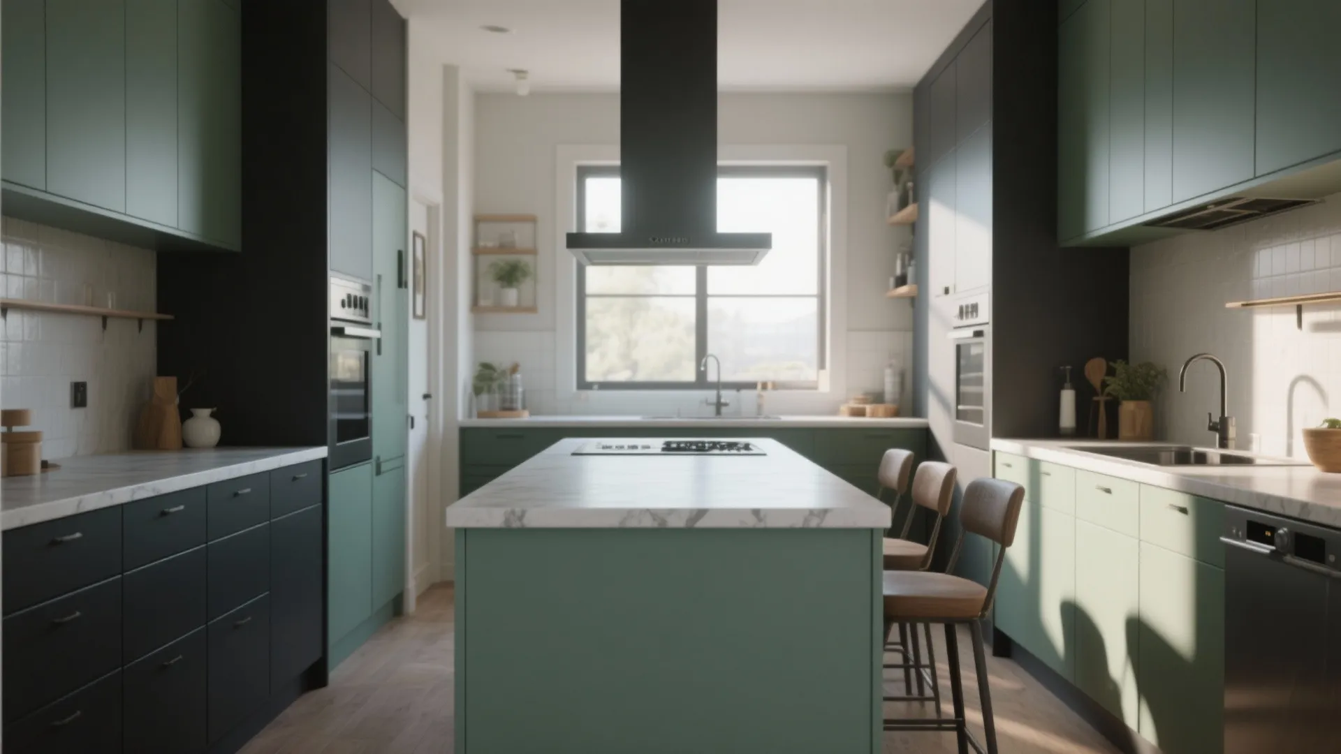 Modern kitchen with green and black cabinets white marble island wooden stools and natural window light