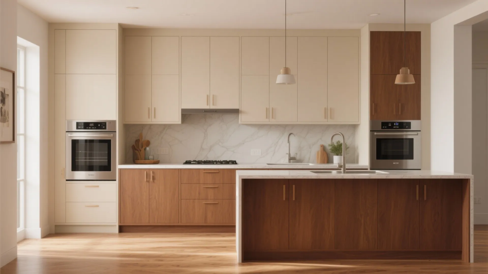 Spacious kitchen featuring two tone cabinets large island wood flooring built in ovens and ceiling lights