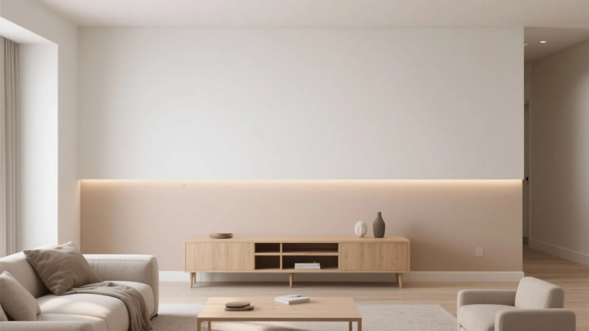 Modern living room with two tone wall light strip wooden cabinet sofa and coffee table