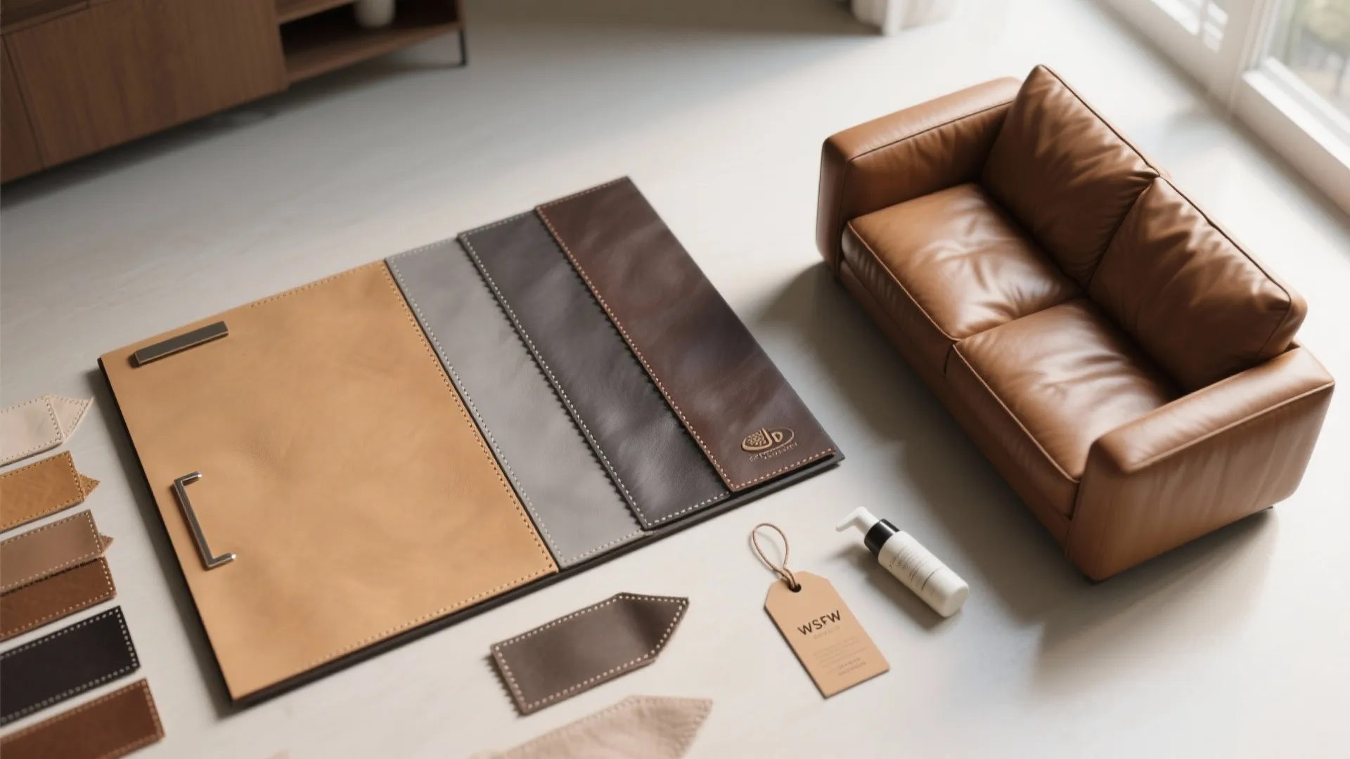 Brown leather sofa model shown with various leather material swatches on a clean white floor