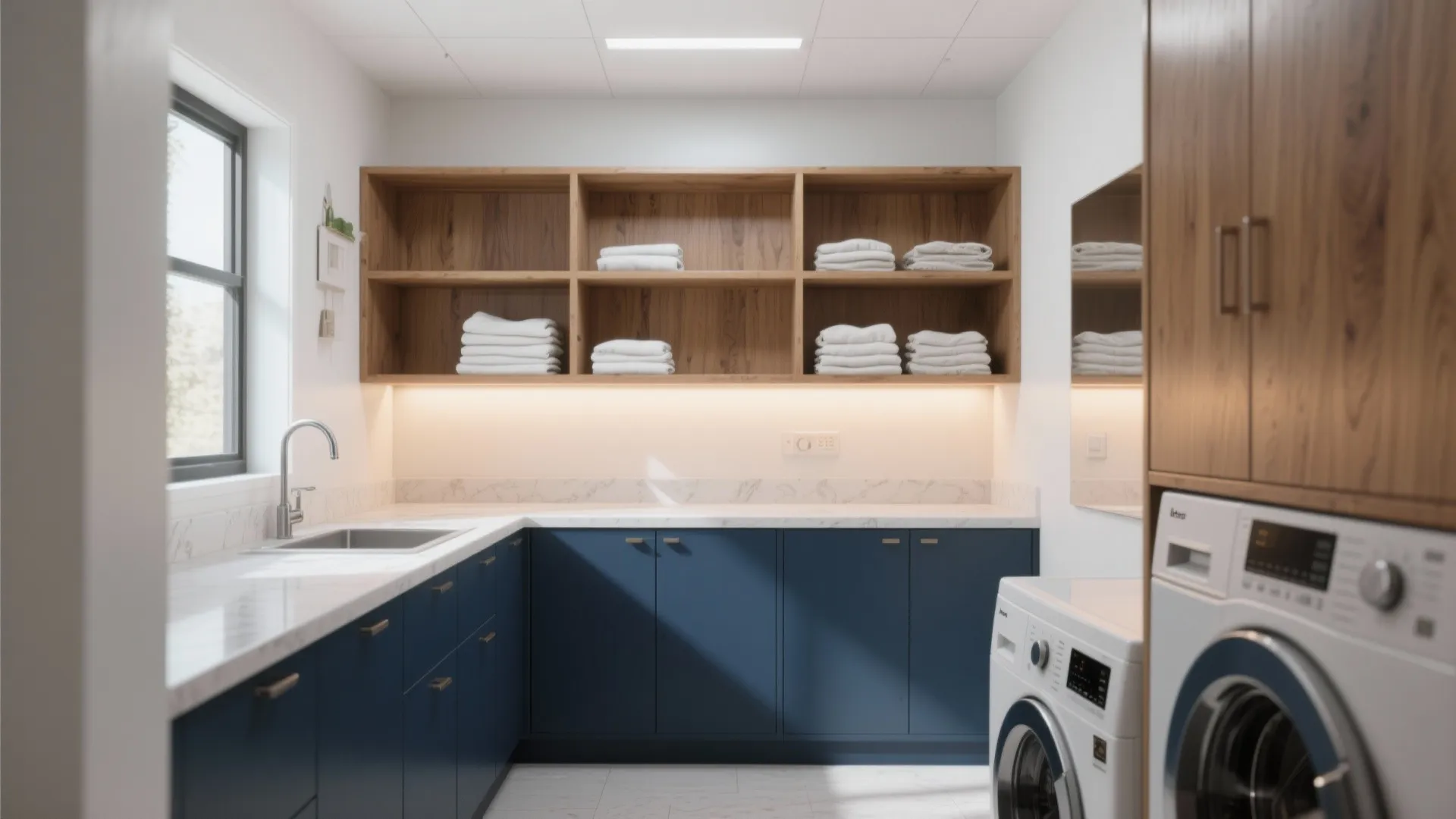 Modern laundry room featuring navy blue cabinets, white marble countertop, wooden shelves, and washing machine