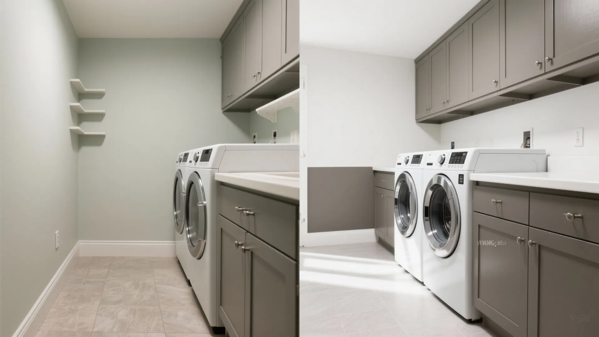 Interior design drawing comparison of two laundry rooms with grey cabinets and white washing machines