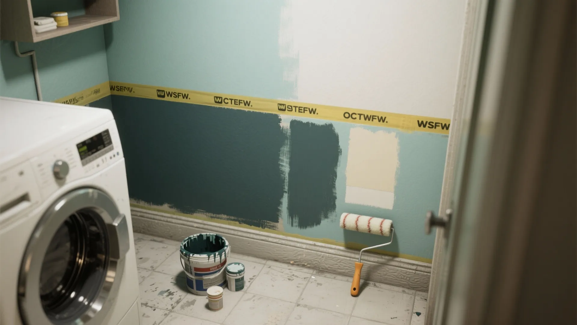 Laundry room wall showing dark green paint samples with a paint roller and open cans