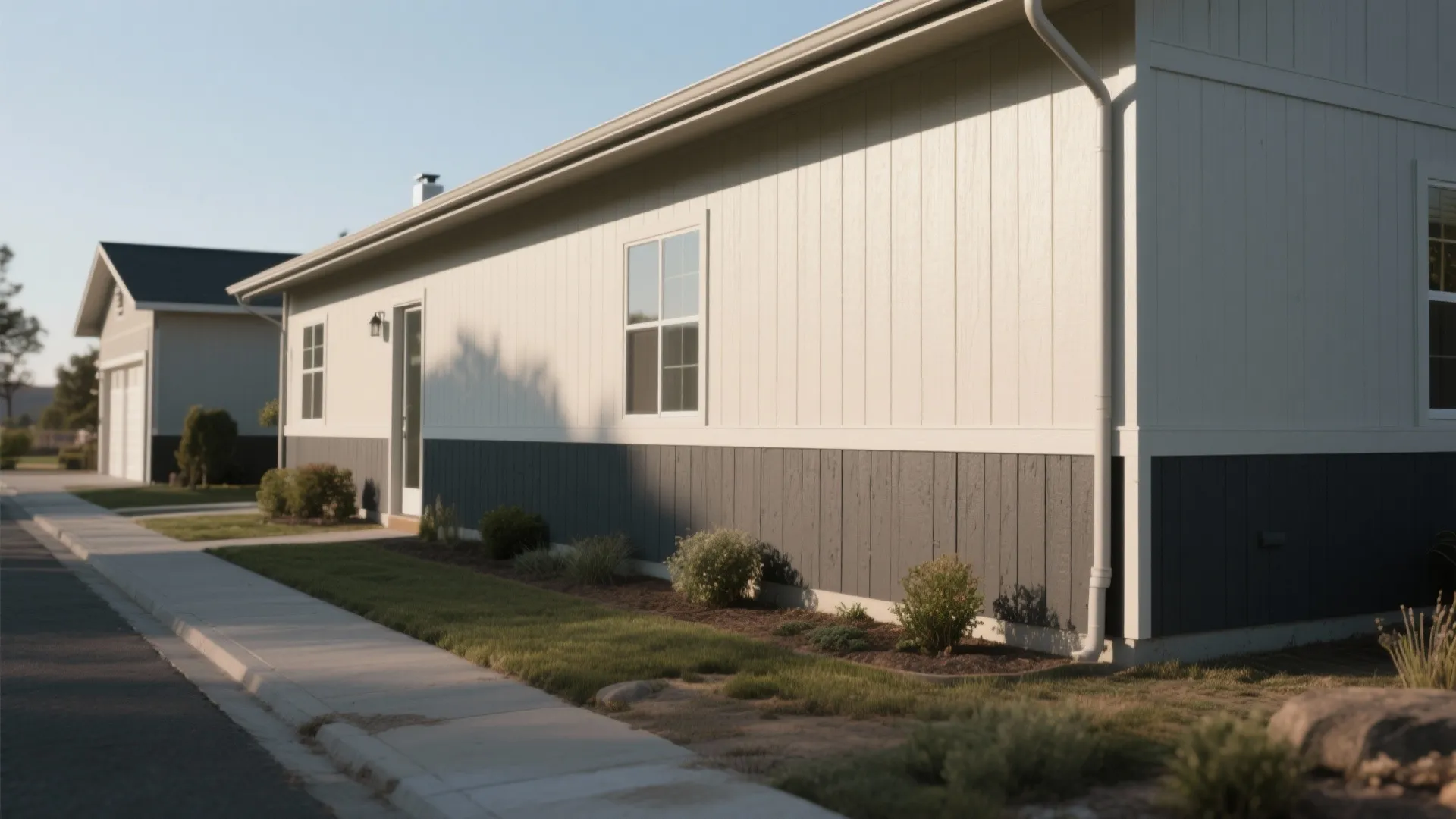 Two tone house siding with white upper wall panel and dark grey lower wall panel design
