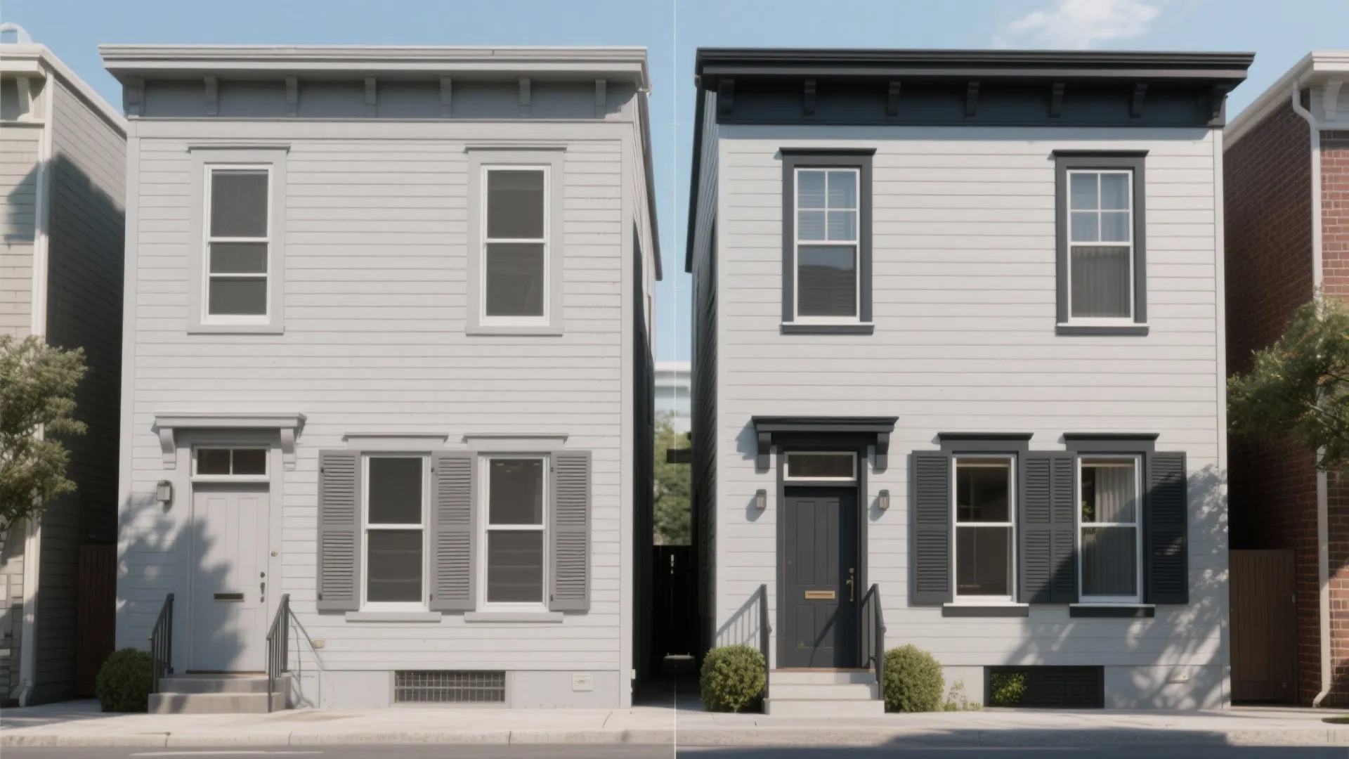 Before and after comparison of a house exterior showing light grey walls with dark trim