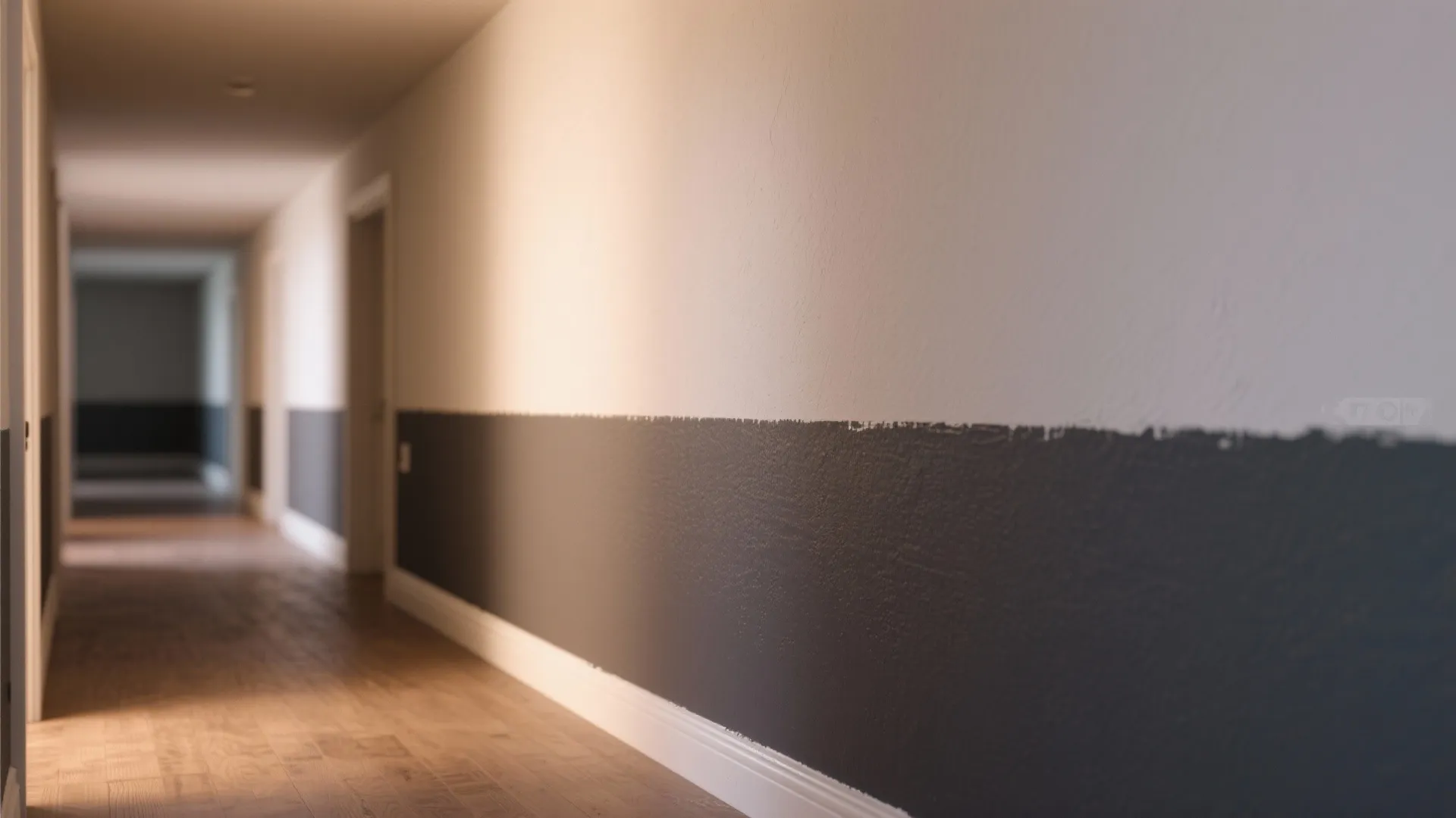 Long hallway with two tone paint design featuring grey lower half and white upper half