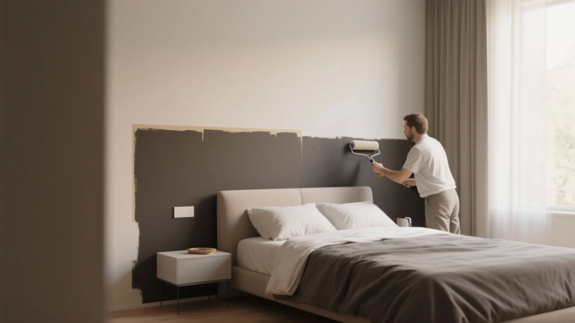 Bedroom with a darker lower half and a lighter upper half separated by a crisp painted line.