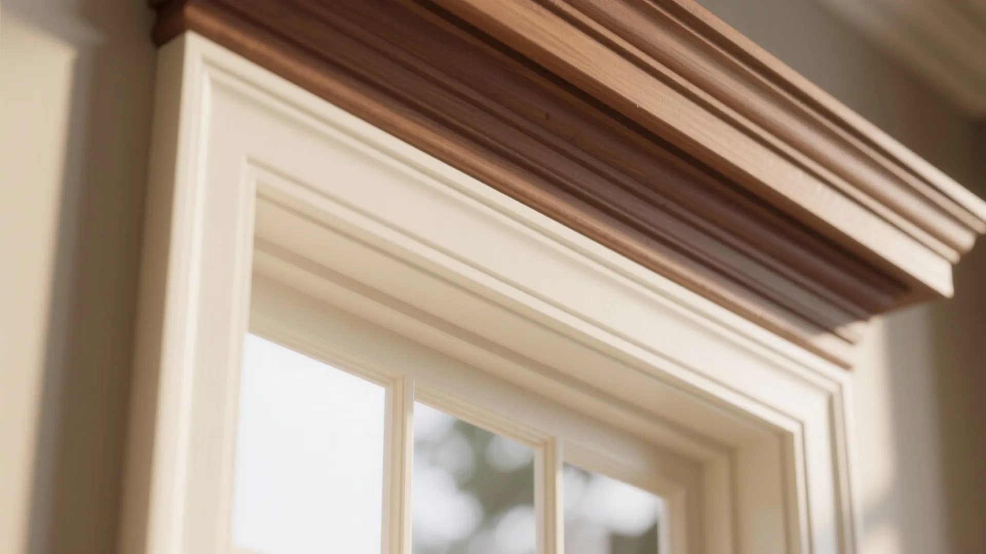 Close up view of a white window frame with a decorative brown wood top border
