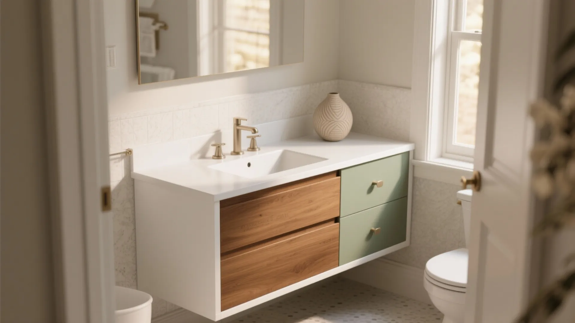 4. Two-tone 30" vanity: white base with wood or colored drawer