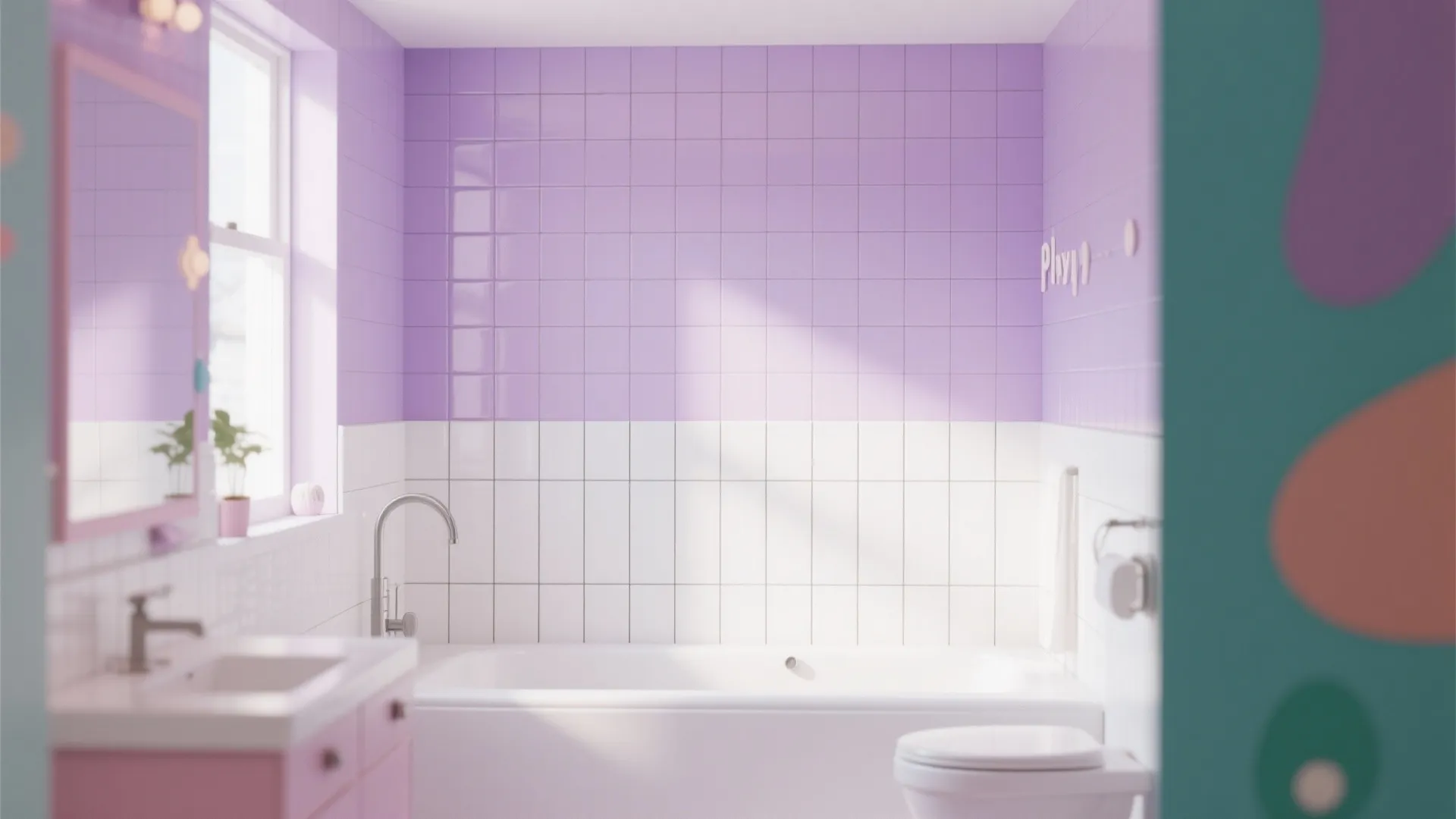 Bathroom with white lower tiles and lavender upper tiles