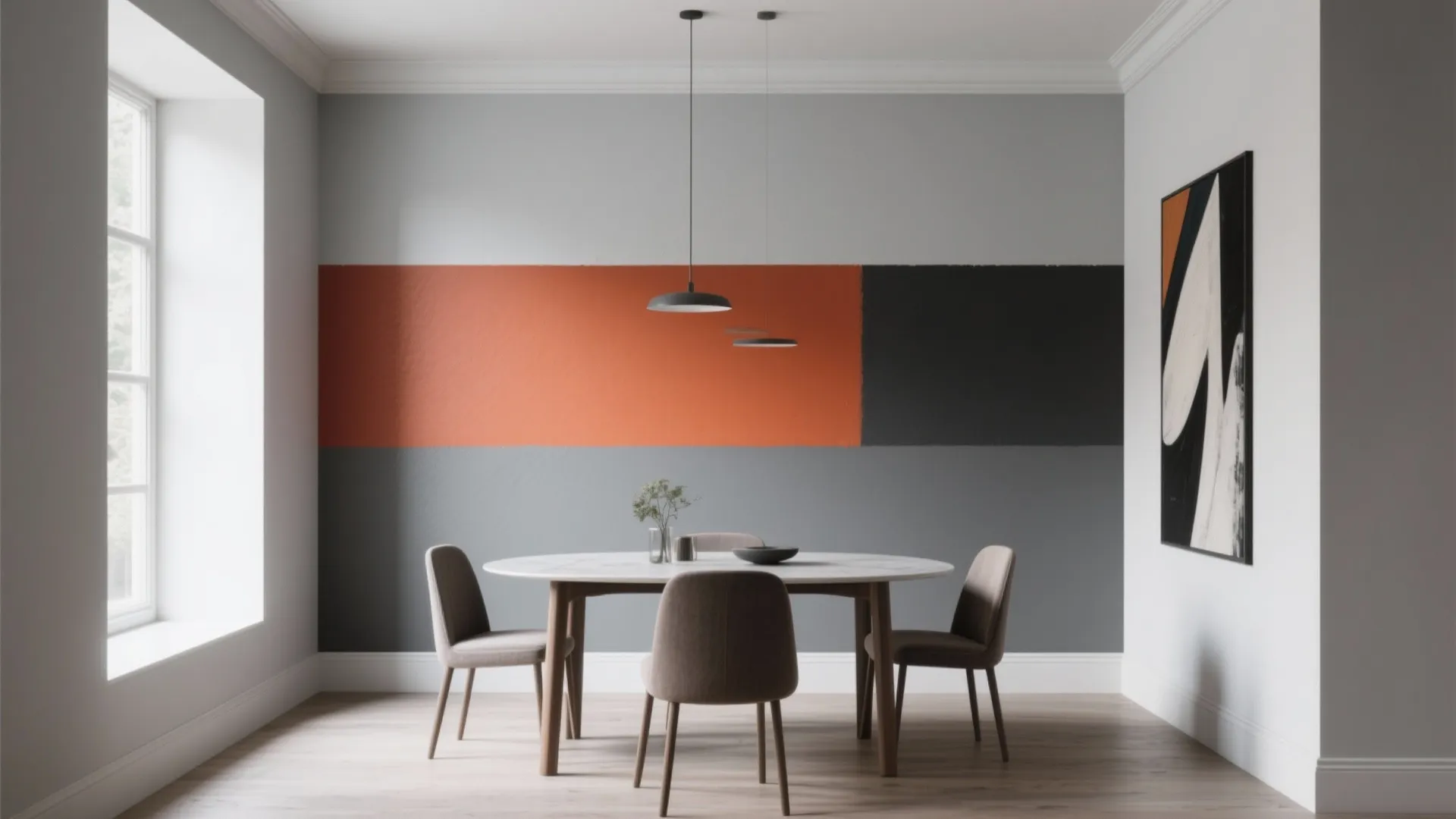 Dining area with two-tone gray walls and a bold horizontal accent band or artwork.