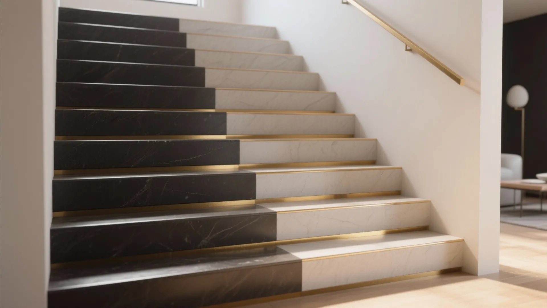 Modern marble staircase with black and white steps featuring gold metal details and white walls