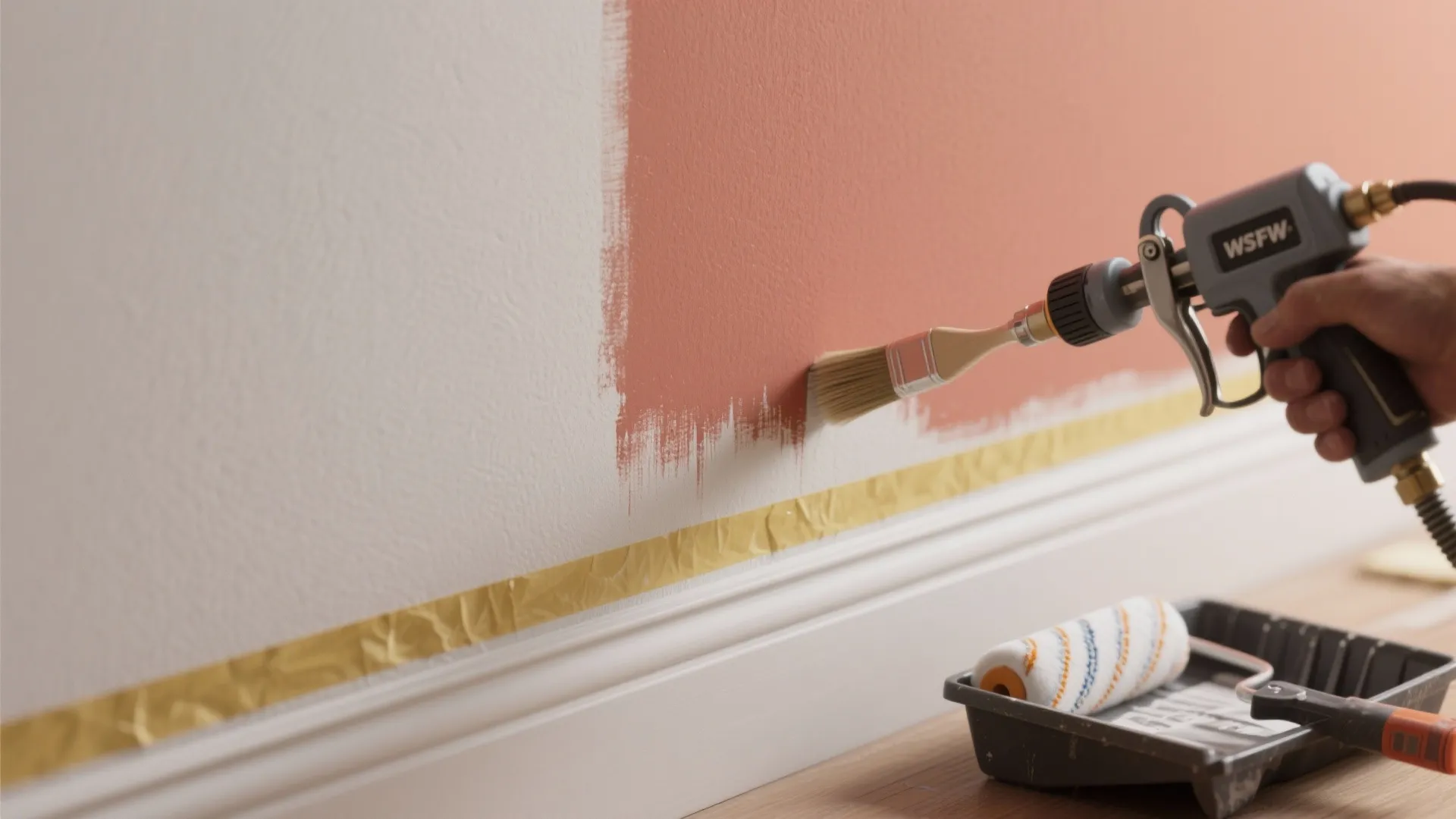 Close-up of a crisp two-tone accent wall with clean tape edge, sprayed base coat and hand cutting-in.