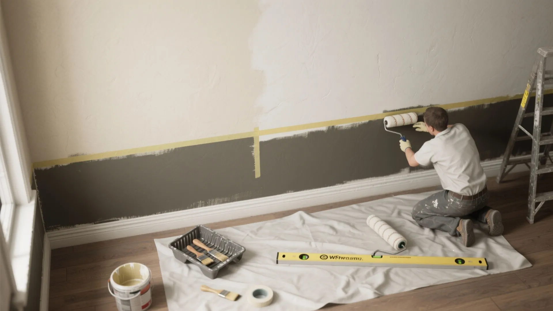 A man painting a wall with dark grey and white paint using a roller tool