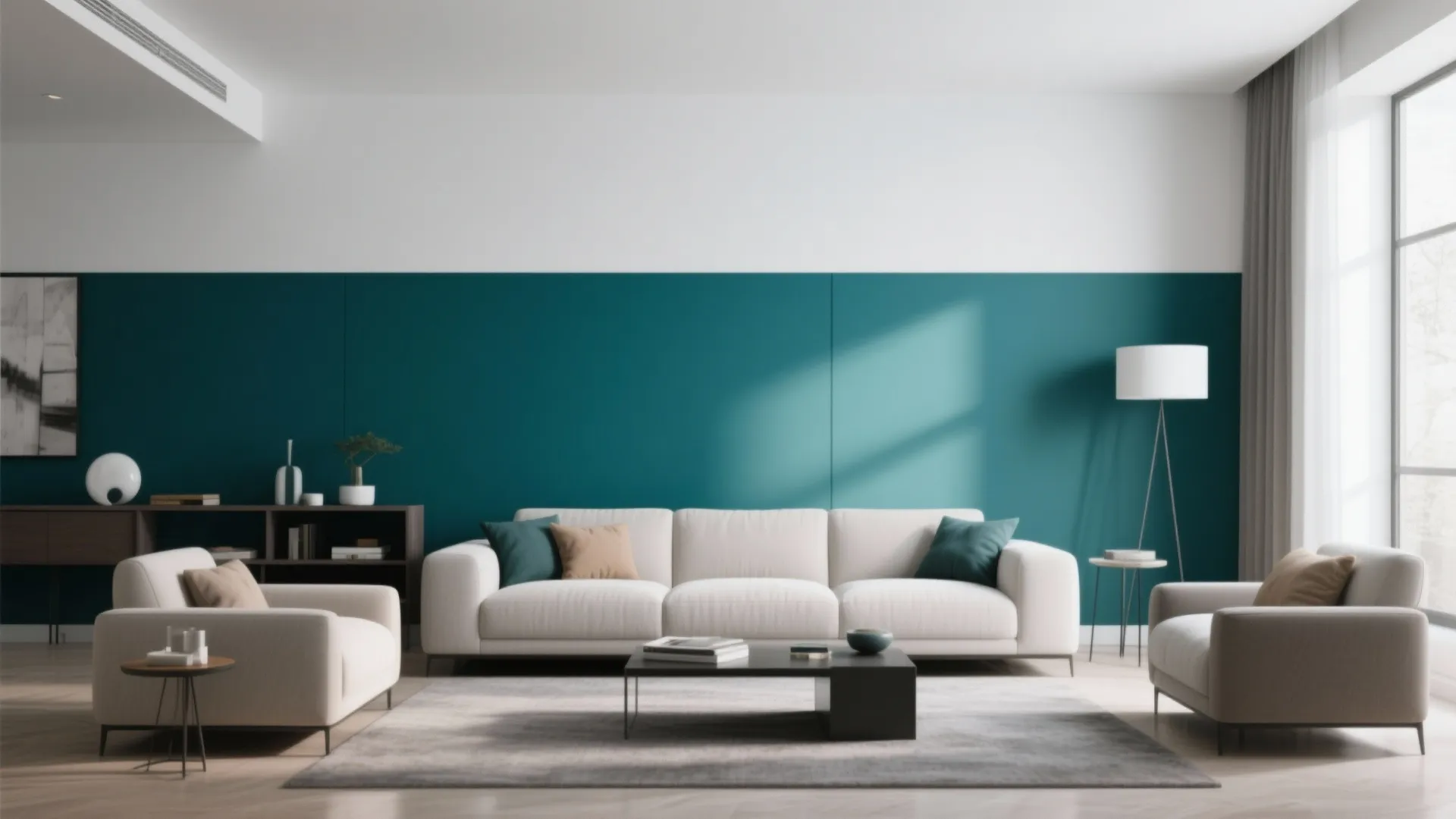 Modern living room featuring a teal and white wall with beige sofa and floor lamp