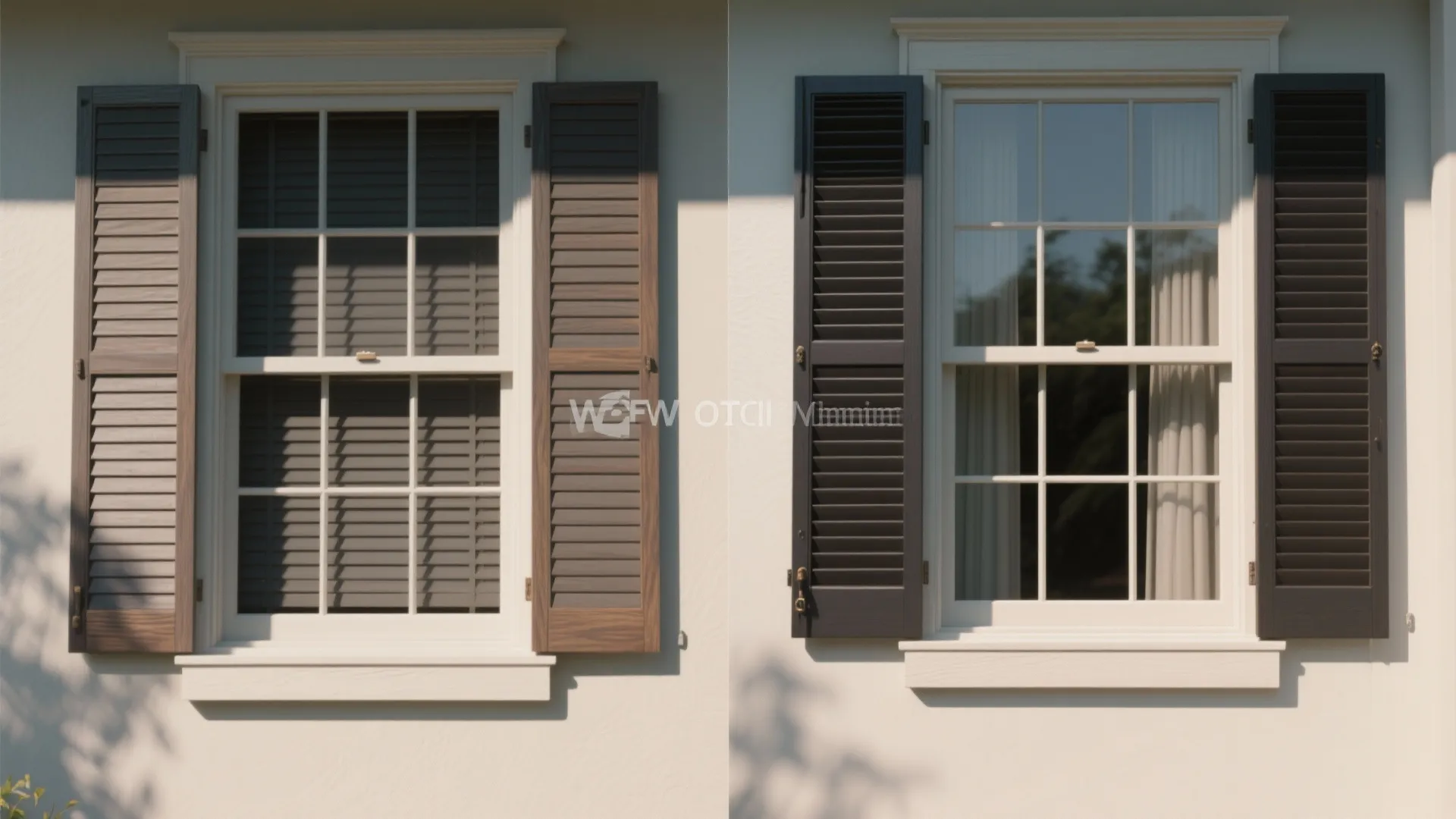 Side by side comparison of brown wooden window shutters versus dark black window shutters design