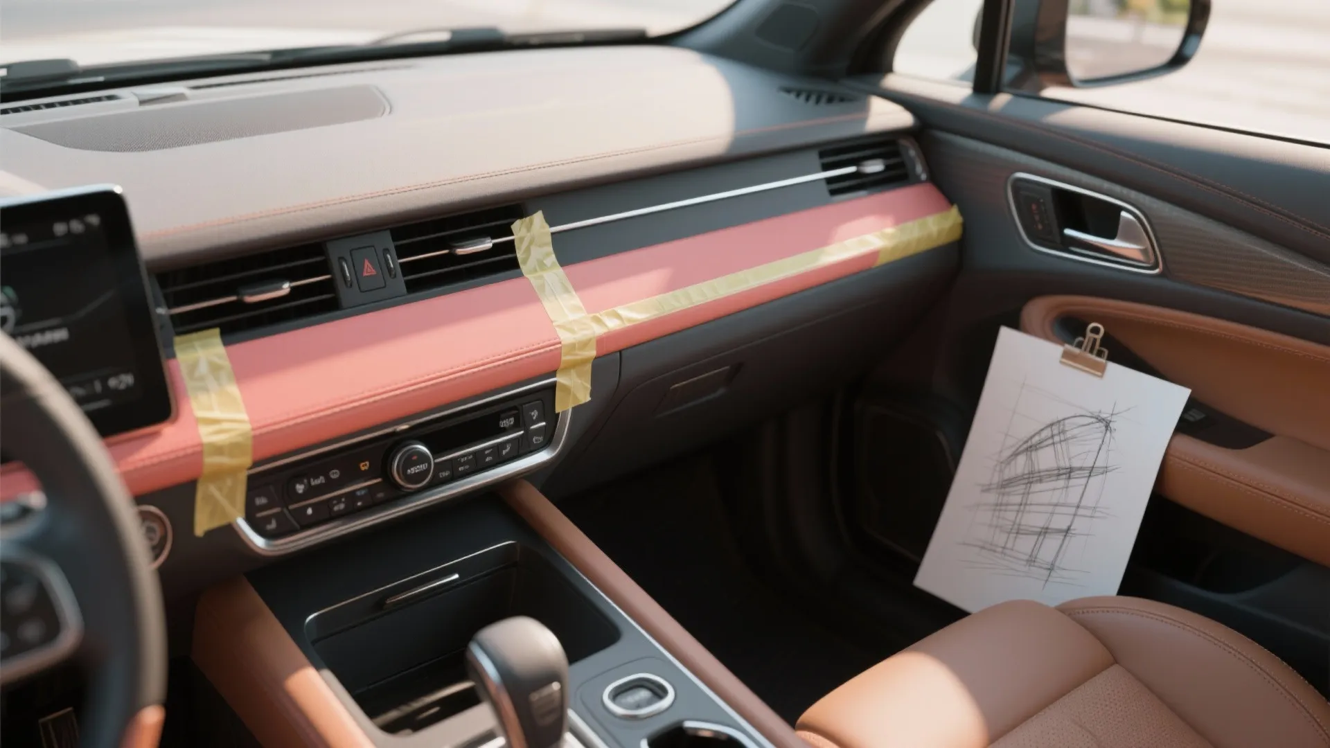 Two-tone stripe on center console masked off ready for spray, enhancing depth.