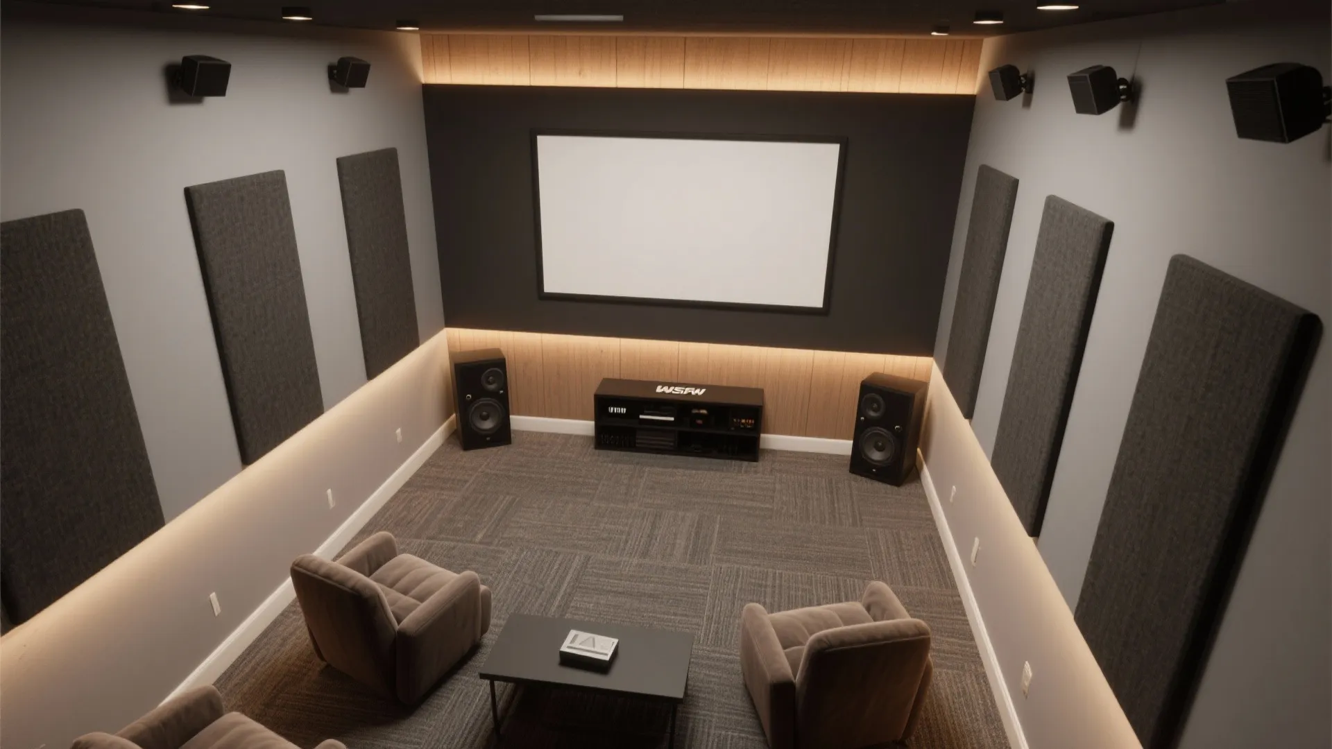 Top-down and perspective view showing two-tone paint split and acoustic panel placement in a small media room.