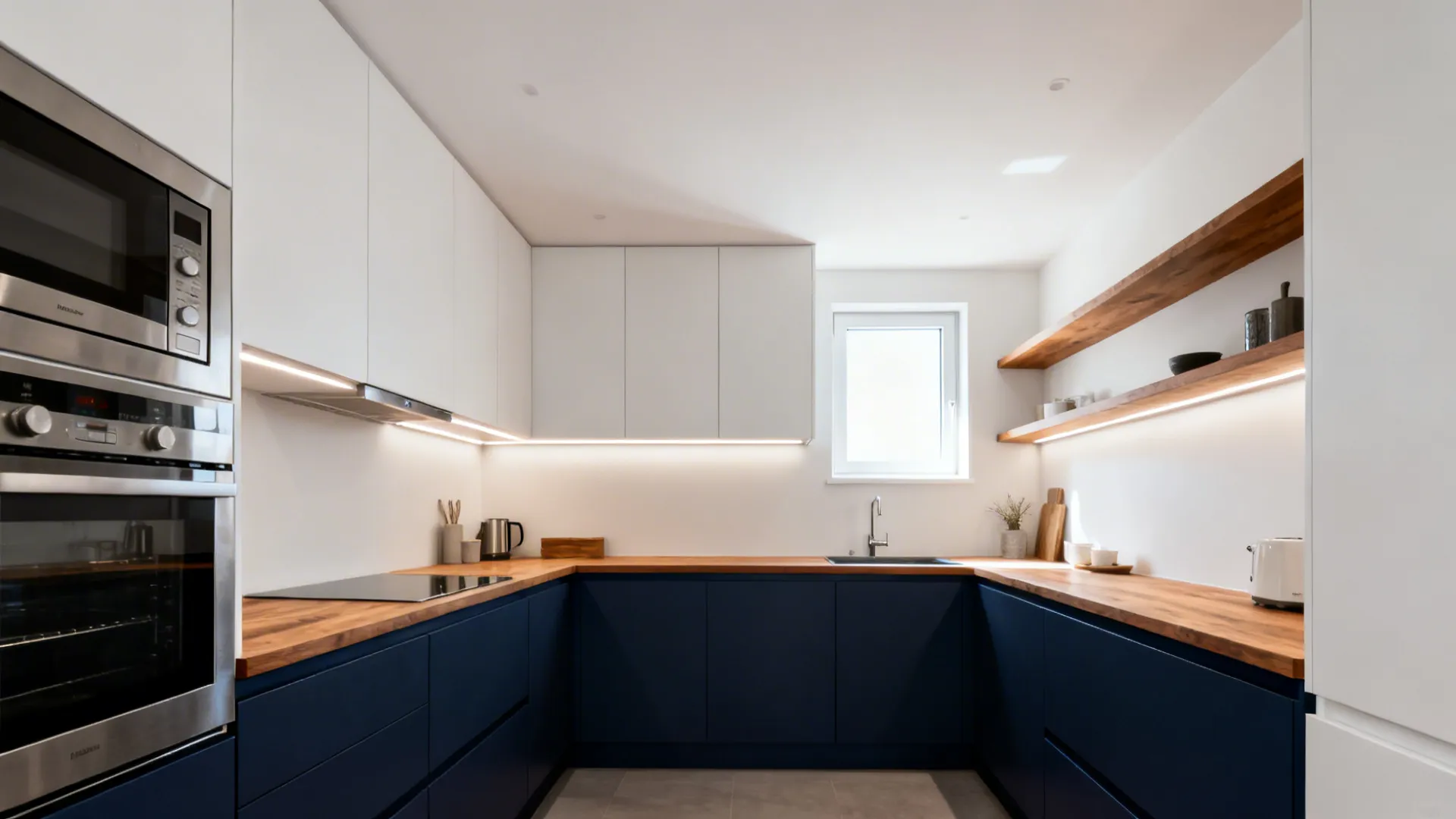 Two-tone acrylic kitchen with light uppers and deep navy lower cabinets.