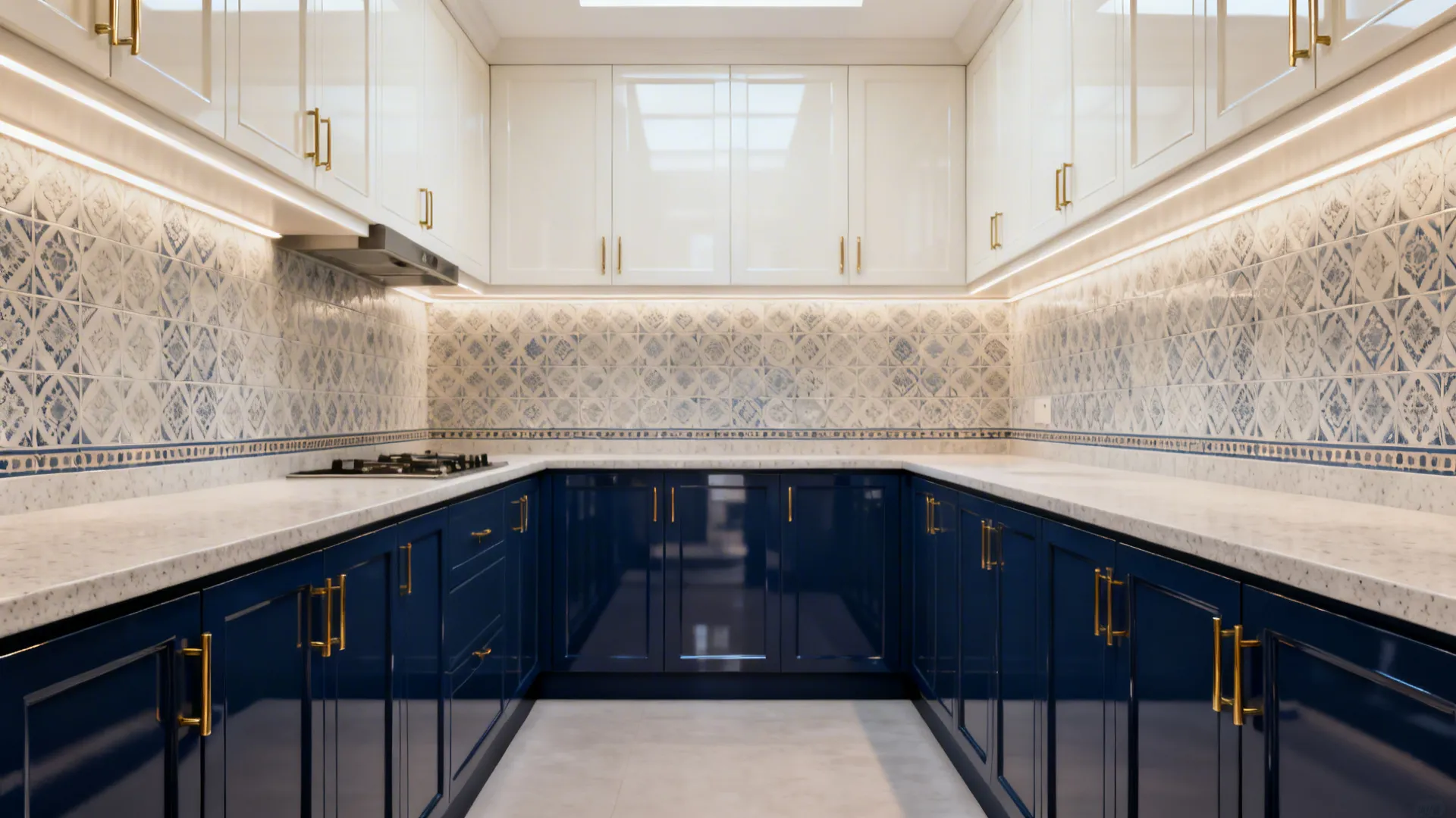 Navy base and ivory upper acrylic cabinets with matte quartz in a galley kitchen.