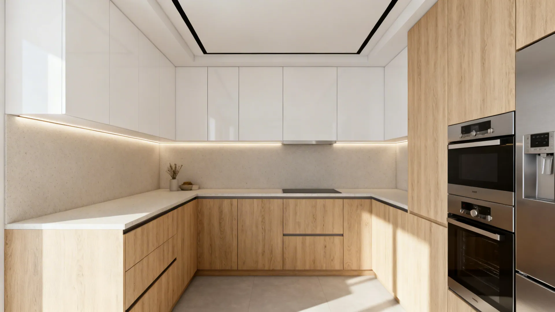 Two-tone kitchen with white acrylic upper cabinets and light oak wood-look bases in an L-shape.