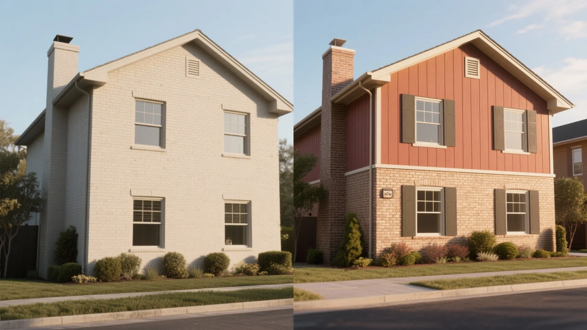 Before and after comparison of a white house exterior transformed with red siding and shutters
