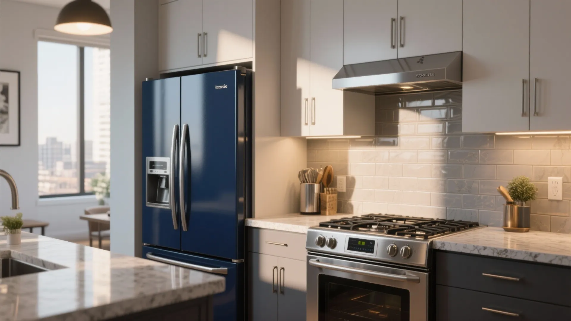 Compact kitchen with a navy fridge paired with a stainless-steel range for balanced contrast.