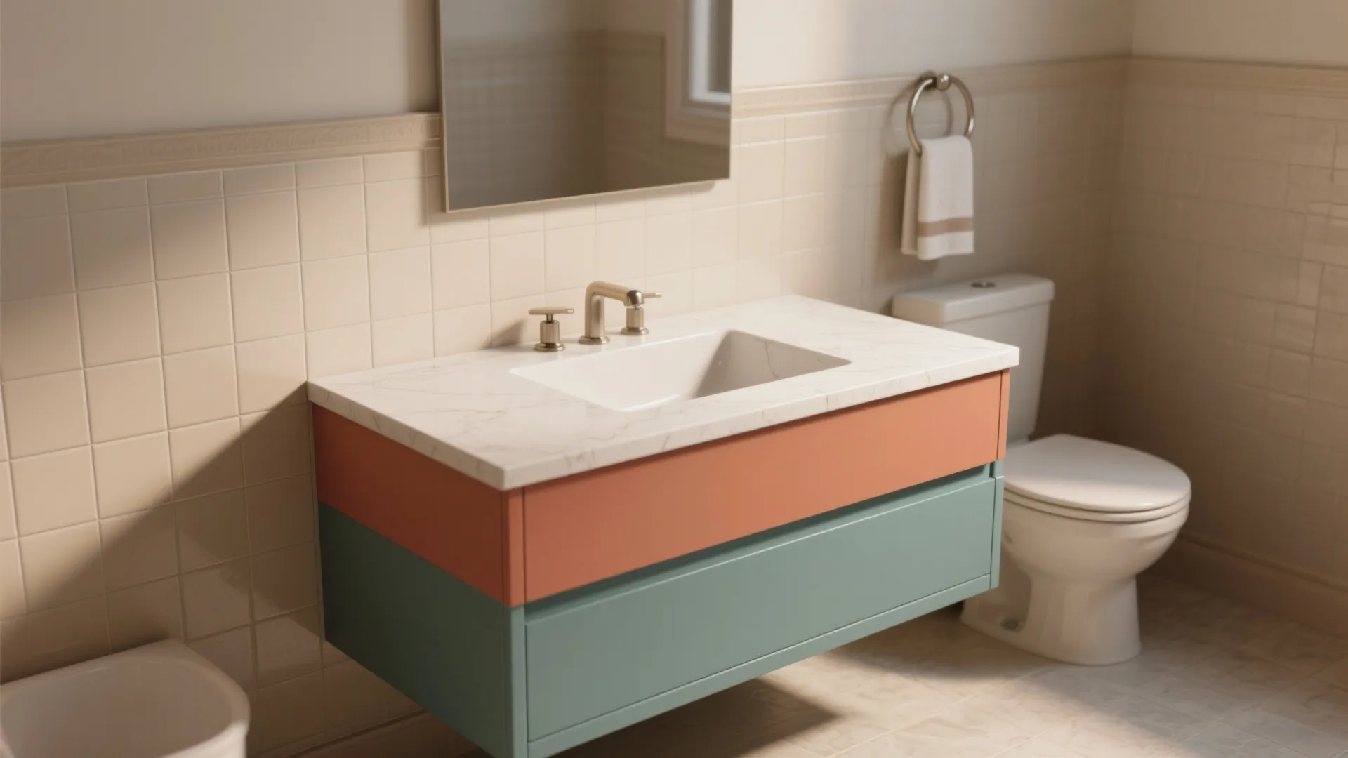 Modern bathroom vanity featuring orange and green drawers with white sink and tiled wall background