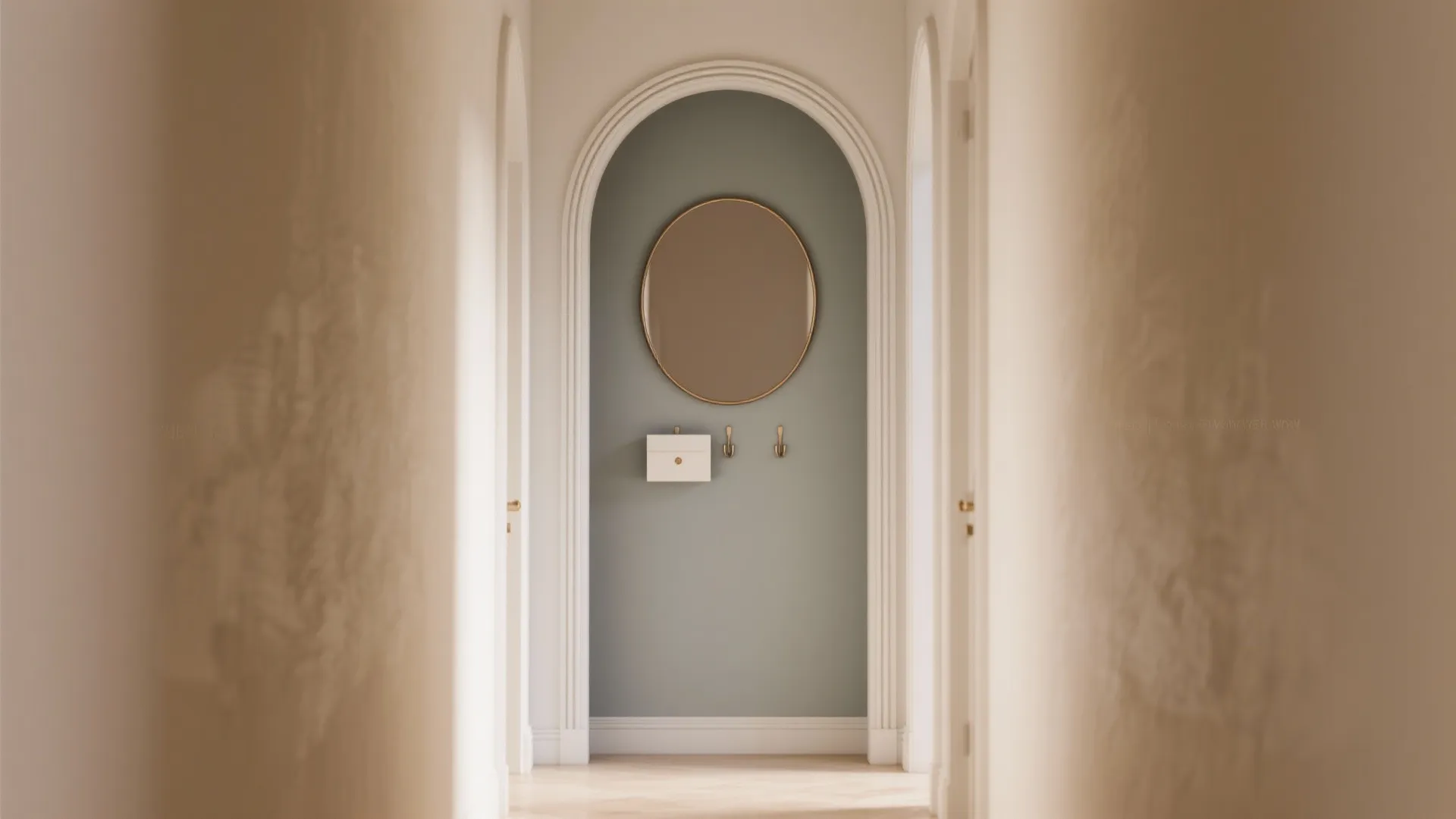 Modern hallway with arched green wall panel featuring a round mirror and two wall hooks