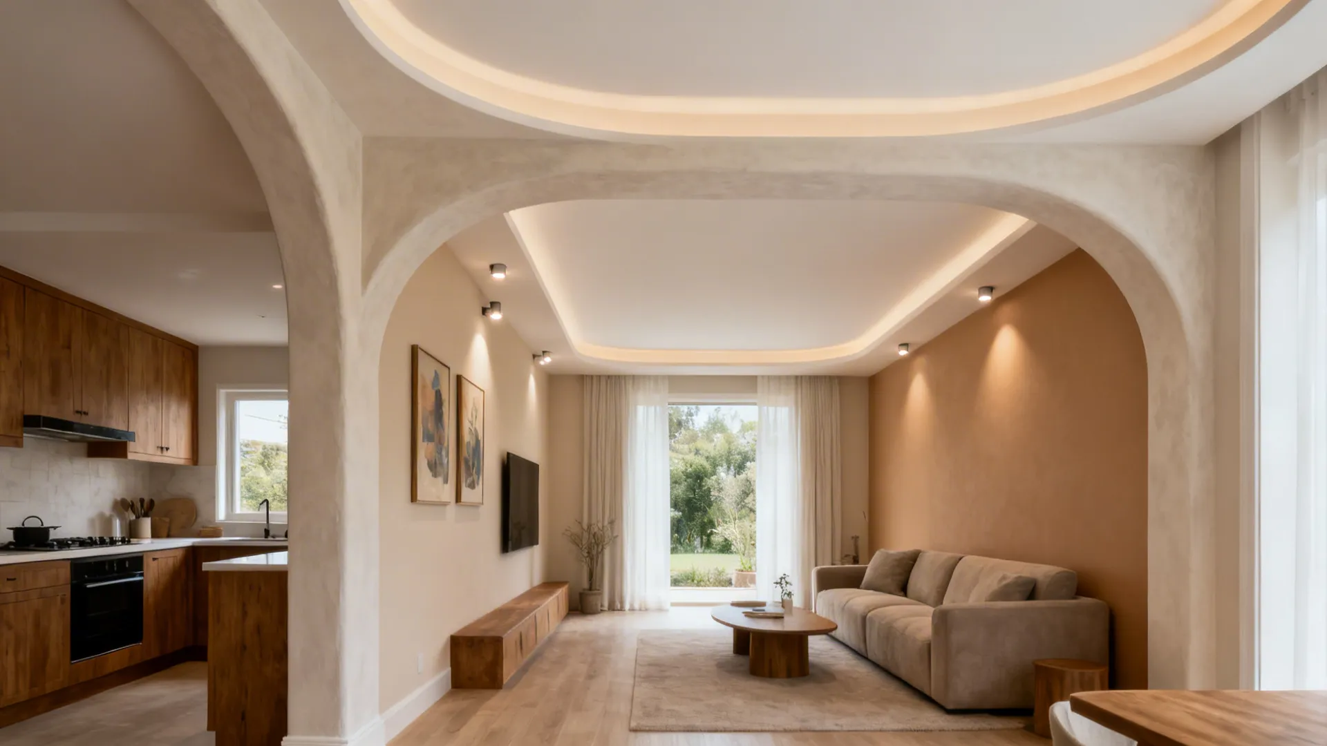 A subtle arch and two-tone ceiling with a slim perimeter band lift and warm an open kitchen-living room.