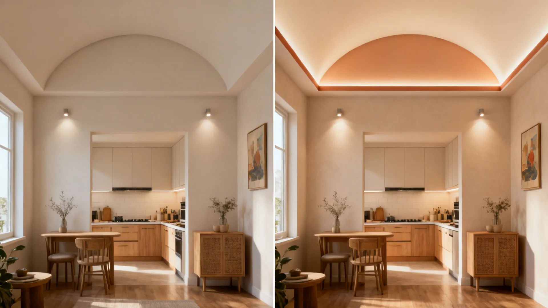 Before-and-after view comparing a plain ceiling to a two-tone ceiling with a subtle arch in the same room.
