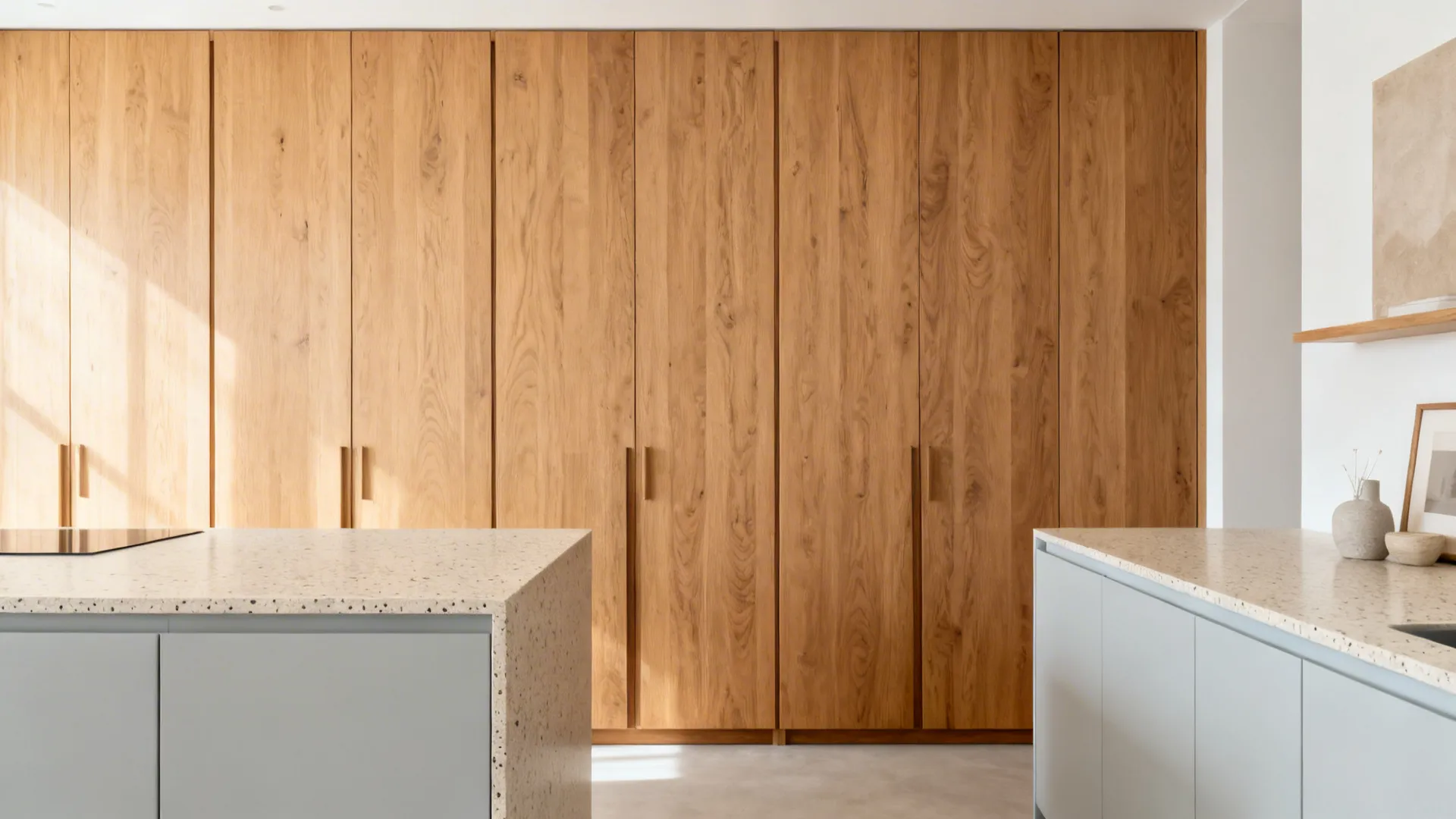 Modern kitchen design with light grey cabinets in front of tall wooden wall storage unit