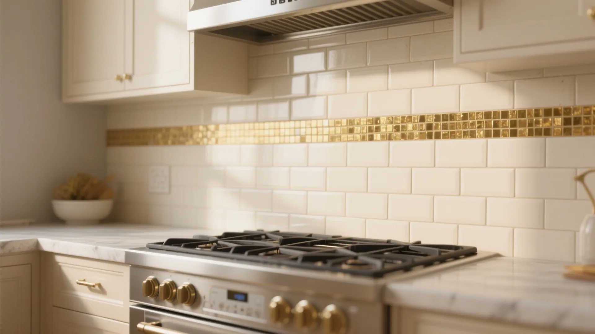 Cream subway tile backsplash with a slim gold mosaic accent
