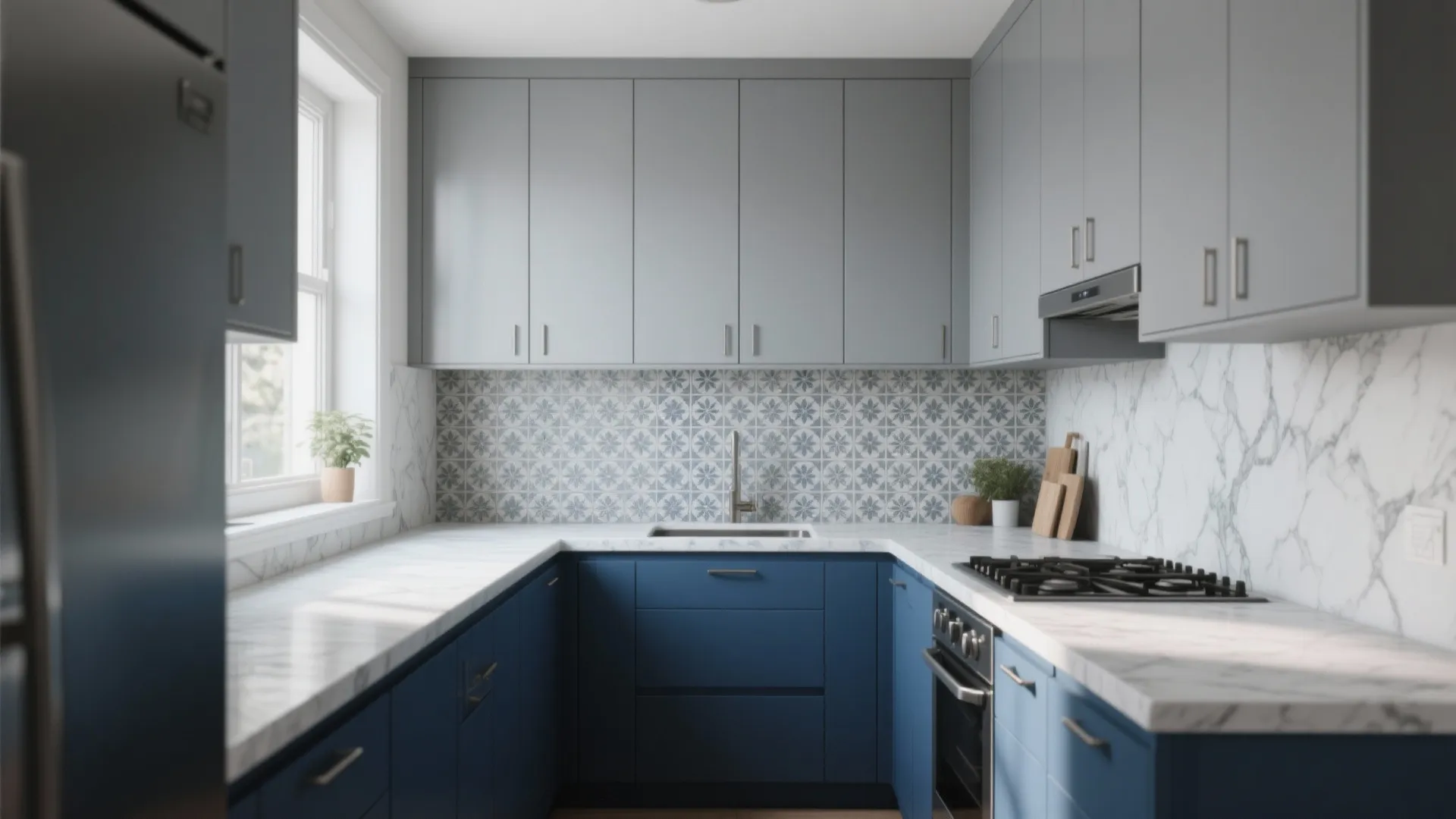 Modern kitchen with blue lower cabinets grey upper cabinets patterned backsplash white marble countertop and window