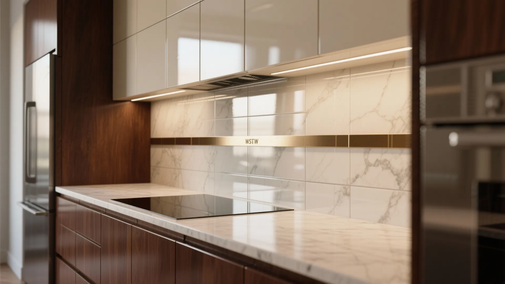 3. Two-tone cabinets and reflective backsplashes