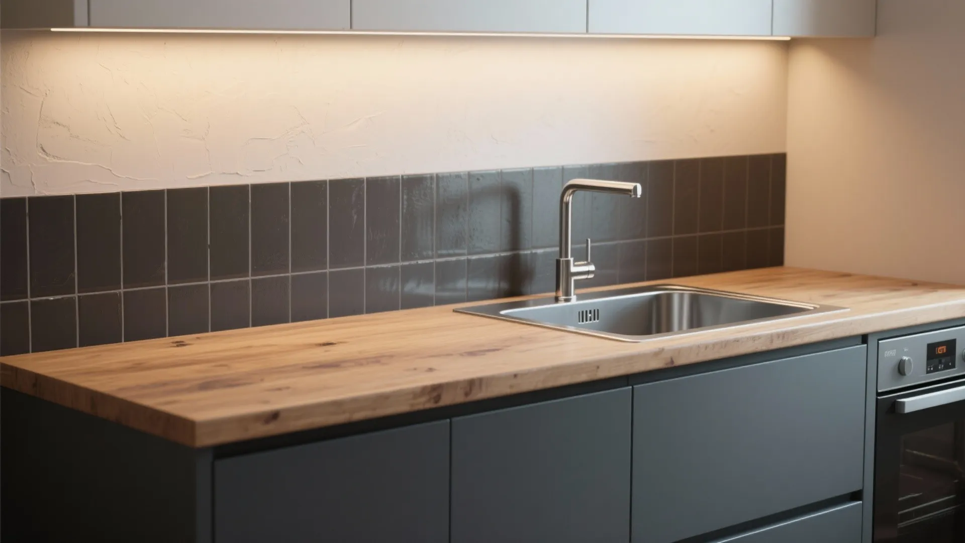 Two-tone half-wall painted backsplash with darker lower and lighter upper halves behind a wooden counter