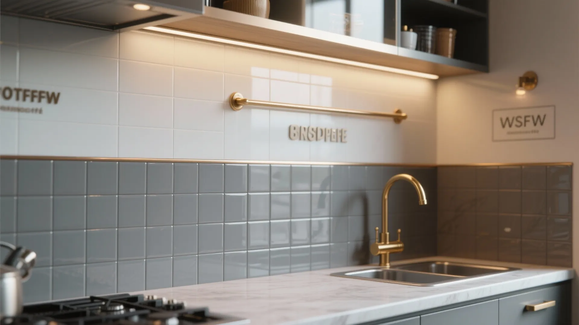 Modern kitchen with grey and white wall tiles, gold faucet, marble countertop, and warm lighting