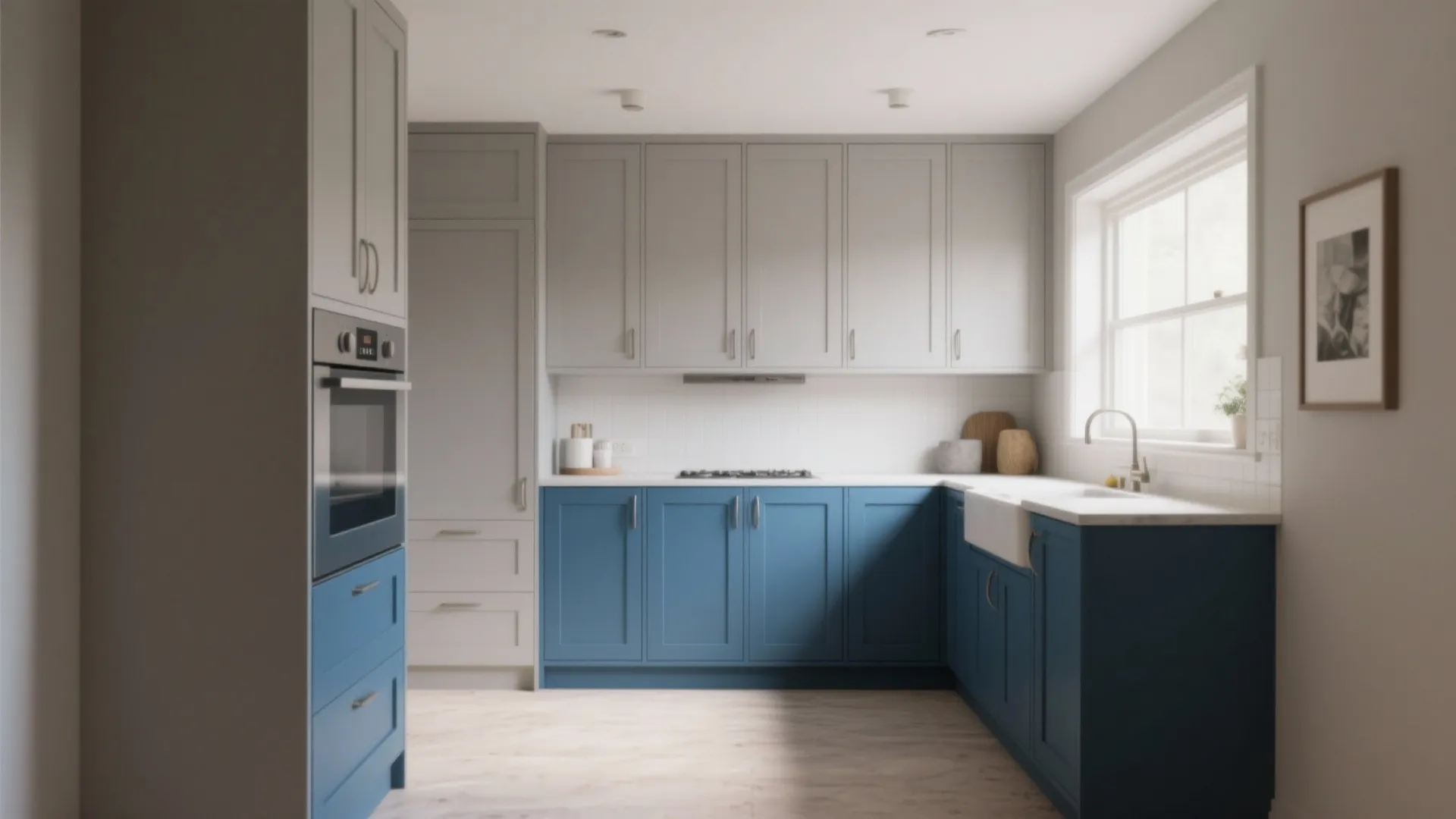 Small kitchen with warm grey upper cabinets and deep blue lower cabinets creating visual balance