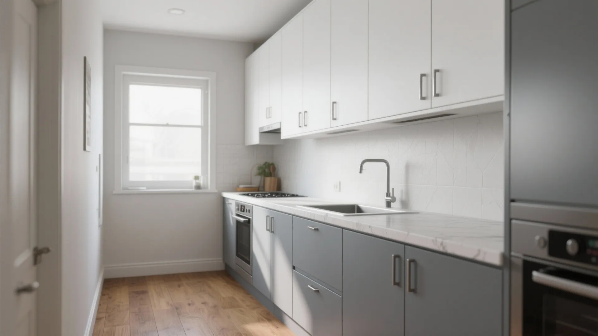 Narrow kitchen featuring white upper cabinets gray lower cabinets wooden floor window and modern sink