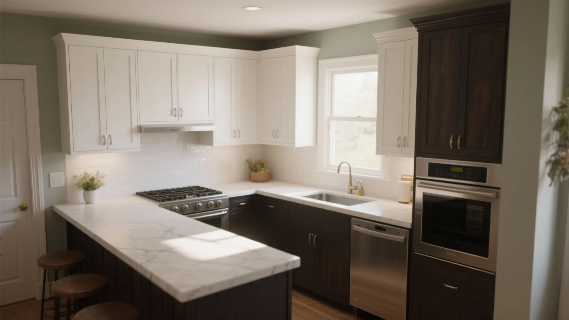 Modern kitchen with white upper cabinets dark wood lower cabinets marble countertop and silver oven unit