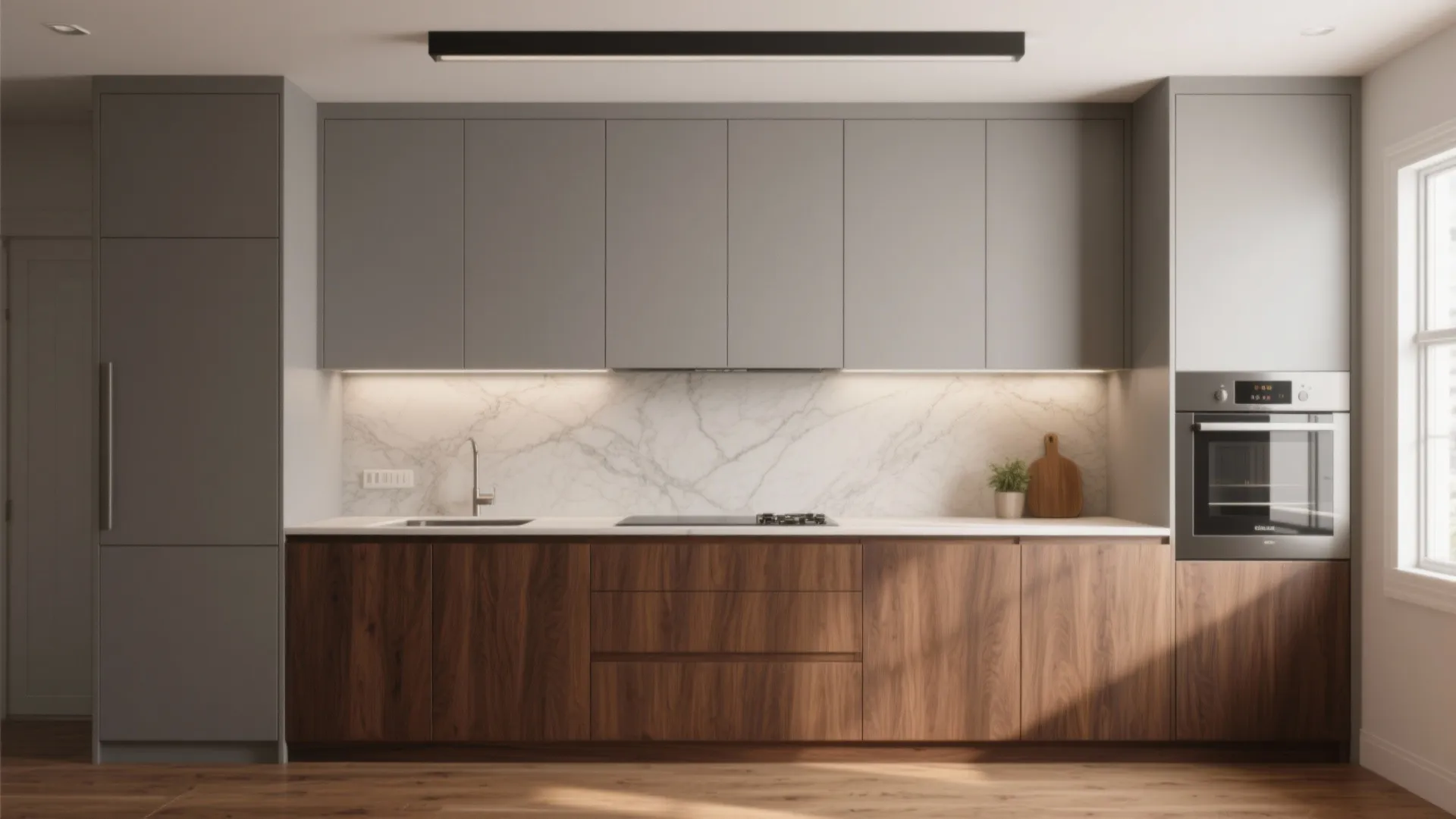 Kitchen showing light warm-gray upper cabinets and walnut lower cabinets with high ceiling feel.