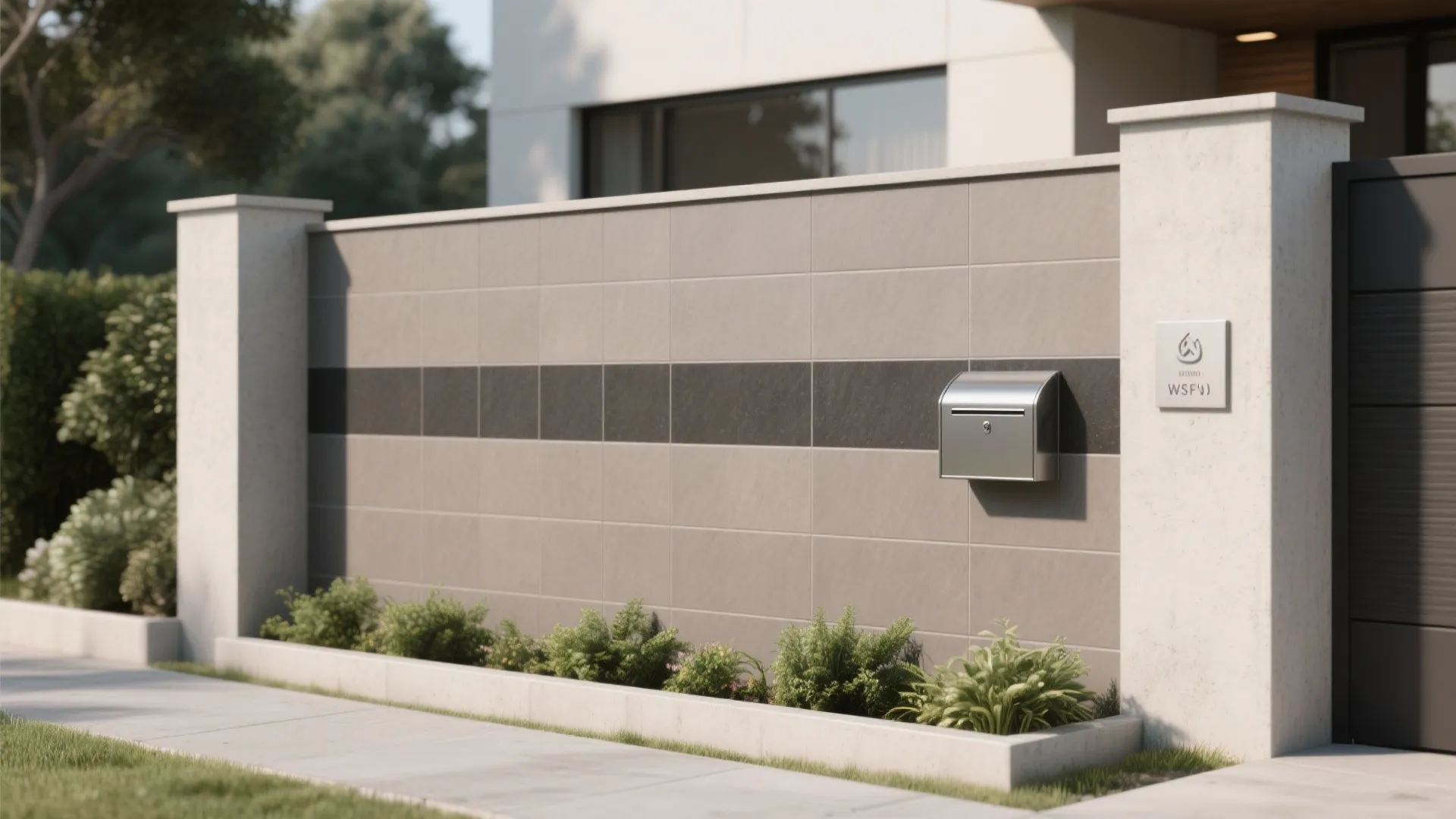 Modern outdoor wall with grey tiles a dark horizontal stripe mailbox and green garden plants