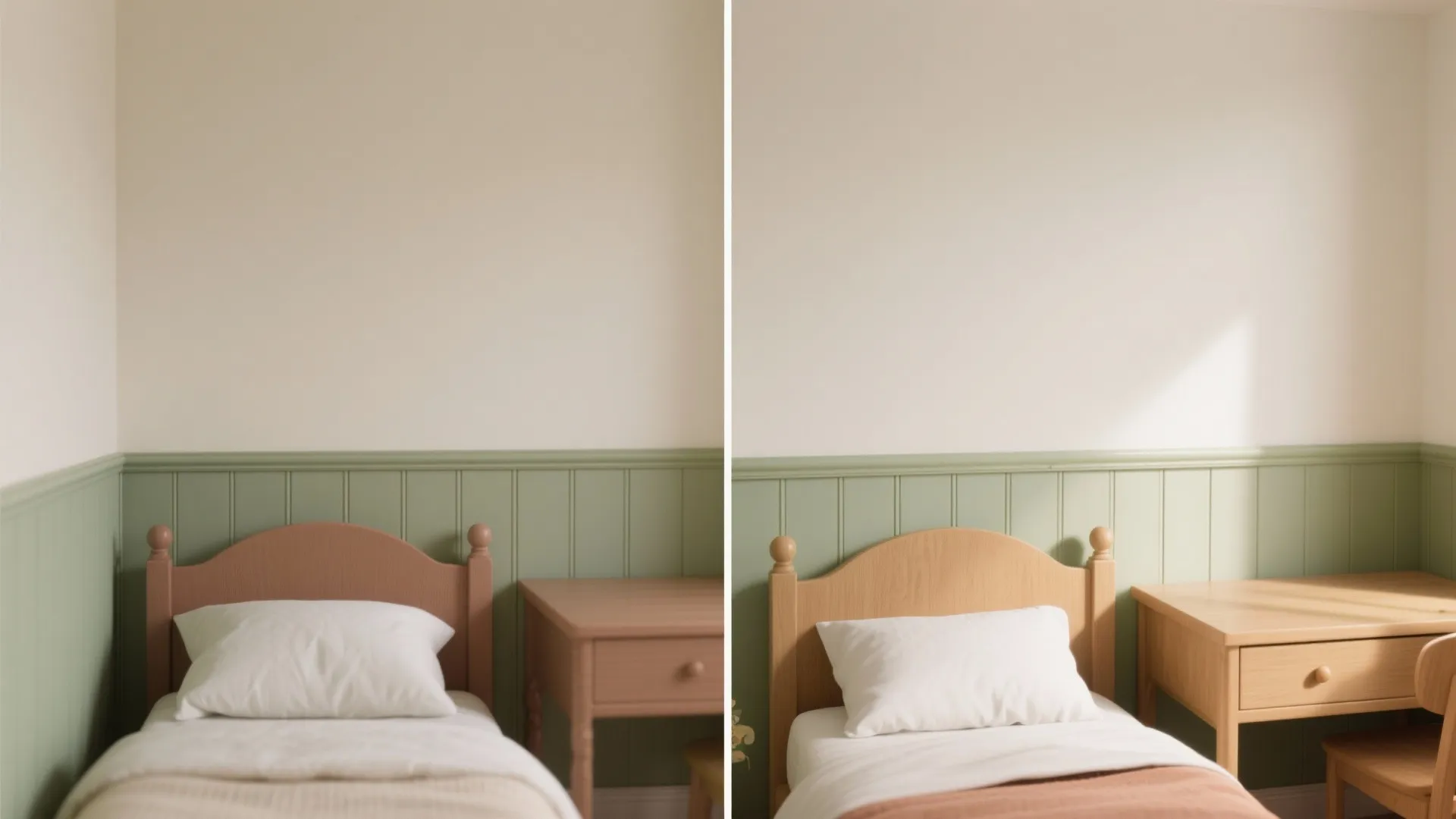 Comparison of bedroom wall panel colors with wooden bed wooden desk white pillow and natural light