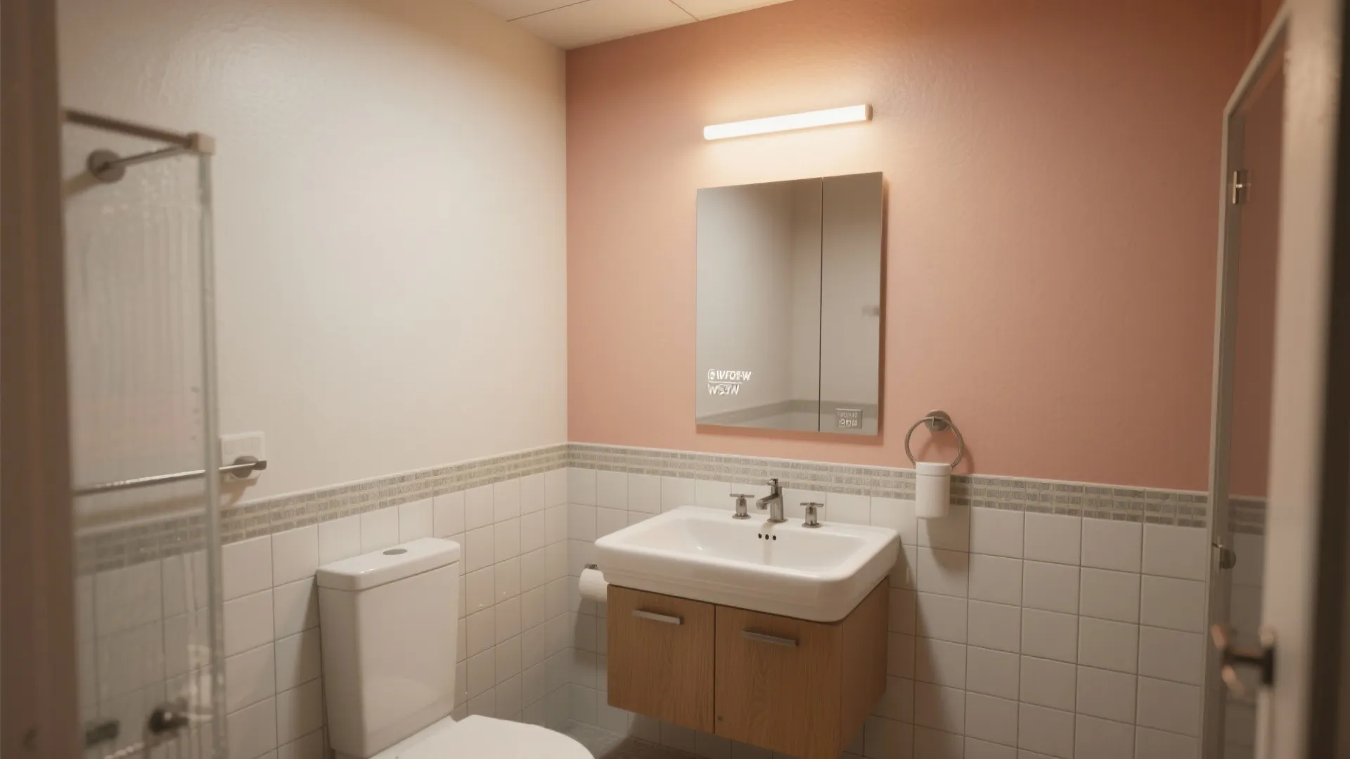 Modern bathroom with pink wall panels white square tiles wooden cabinet mirror and bright ceiling light