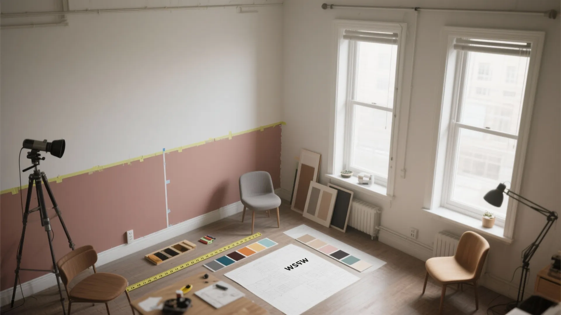 Top-down layout view showing two-tone wall with washable lower band and softer upper paint, with tape and swatches.