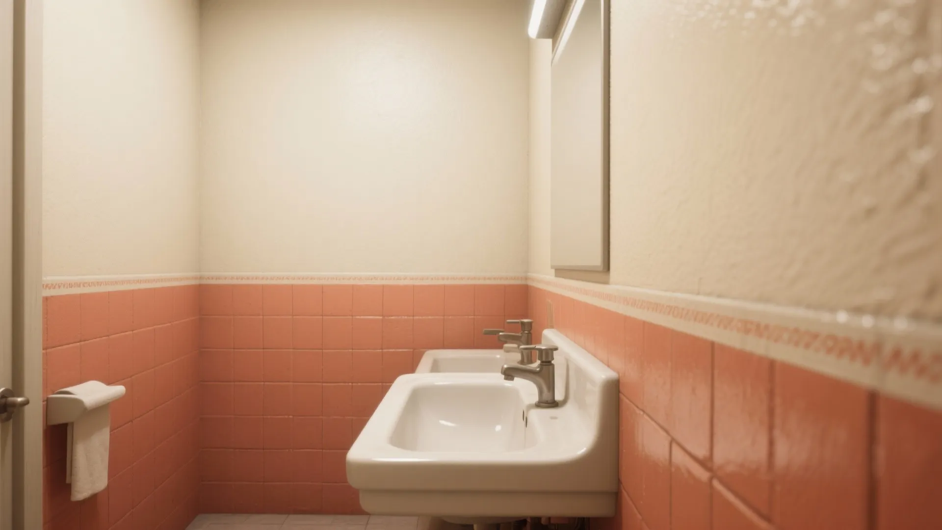 Small bathroom featuring two white sinks against orange wall tiles and a simple wall mirror