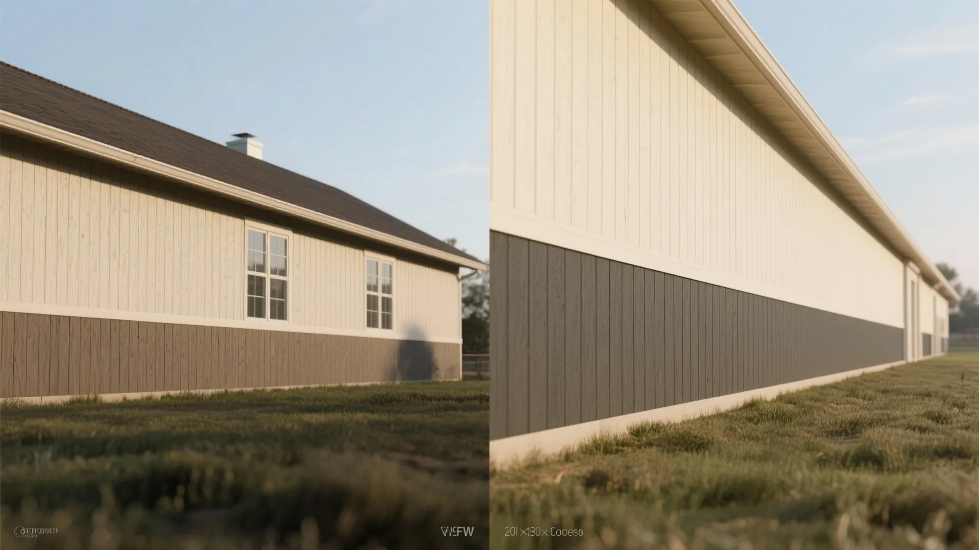 Side by side views of a house exterior wall featuring white and grey wall panels